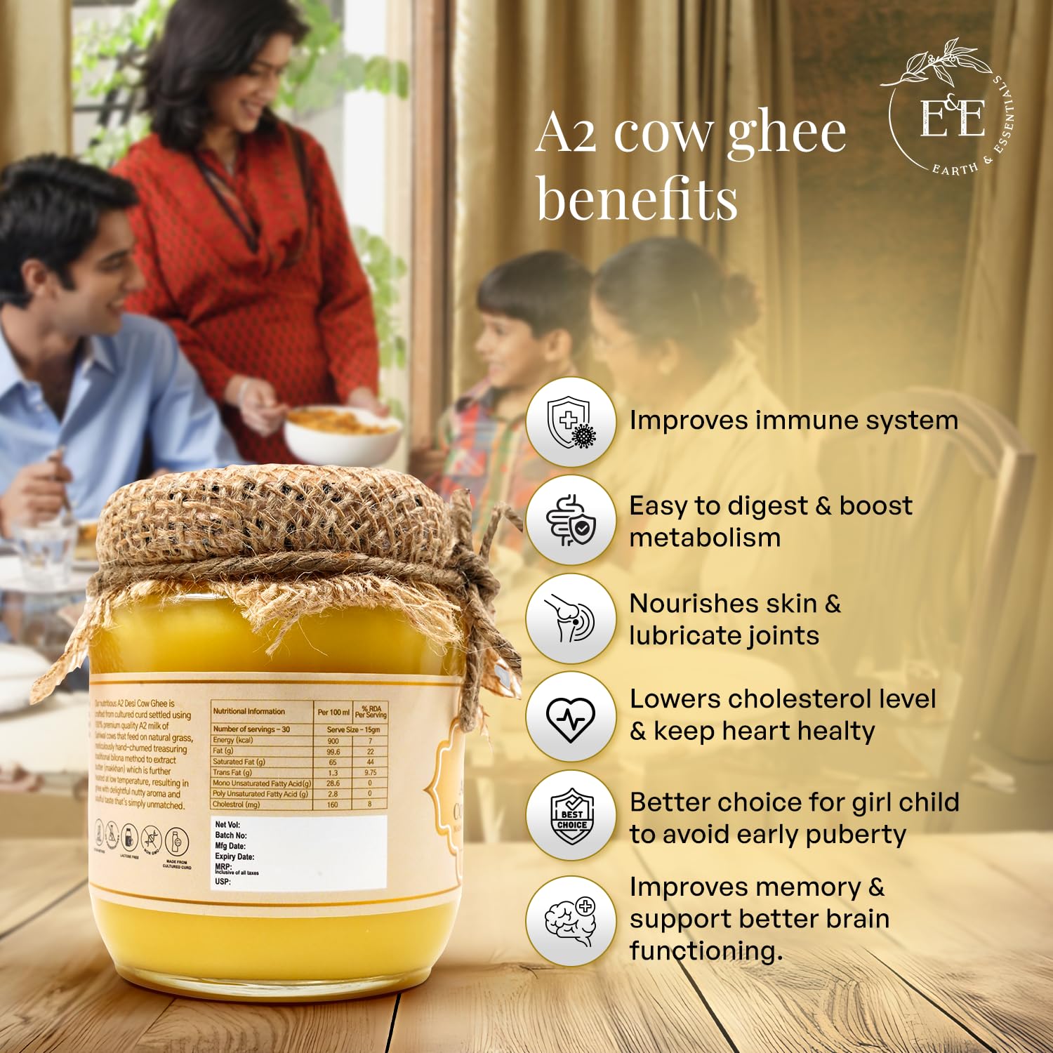 Organic A2 Desi Cow Ghee By Earth And Essentials | Natural & Healthy Danedar Ghee Ideal For Body Joint Pain | (500ml) 16.9 Ounce | Jar Pack