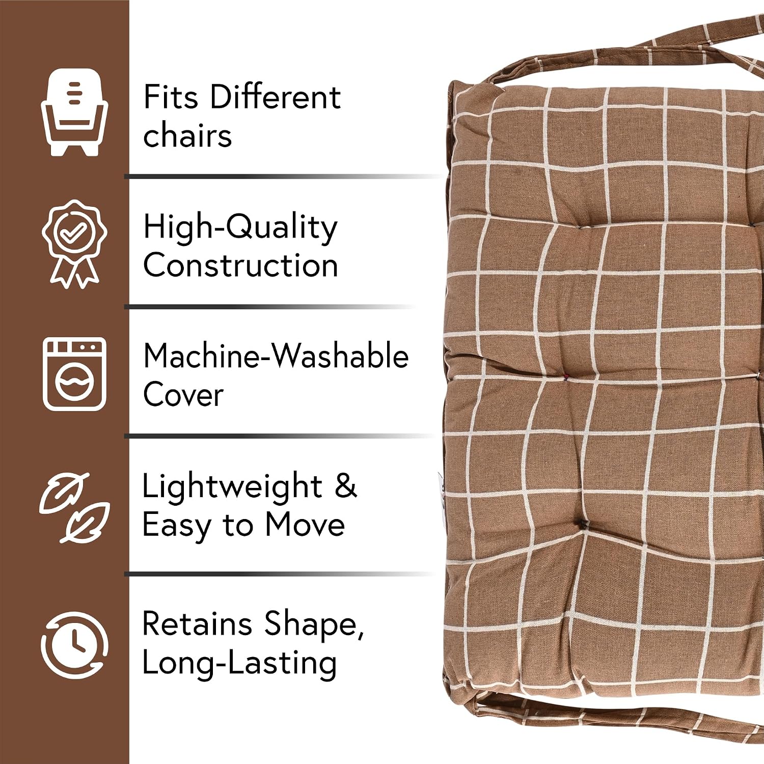 Soft Cotton Chair Cushions For Sitting, Pillow For Office Work Support - Brown | Sitting Cushion & Back Rest For Chair | Dori Check Print, Pain Relief, Versatile Usage, Comfortable