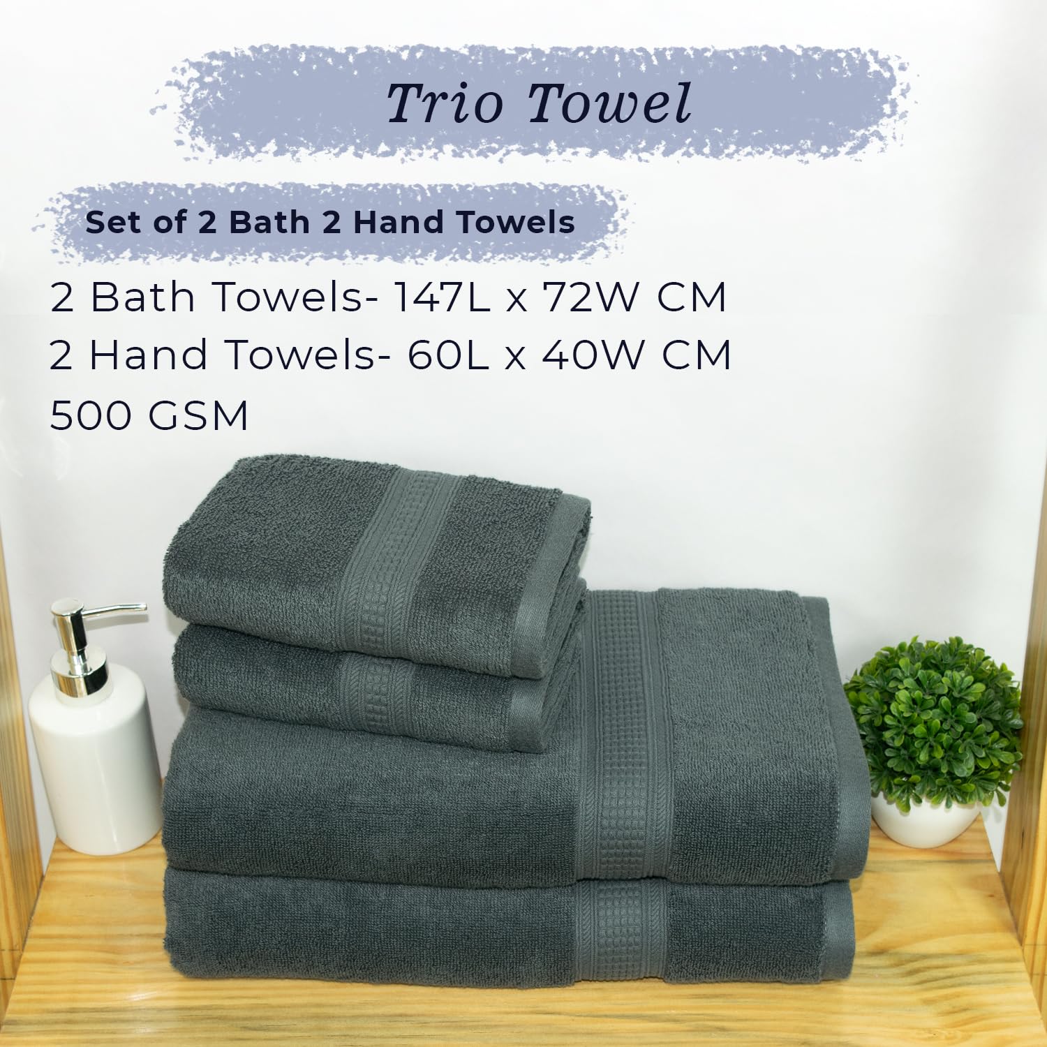 Rangoli 100% Cotton Fibre 2 Bath & 2 Hand Towel 1400 Gsm | Highly Durable & Super Absorbent Towel | Skin-Friendly & Quick Drying Luxury Towels (Grey) - Pack Of 4