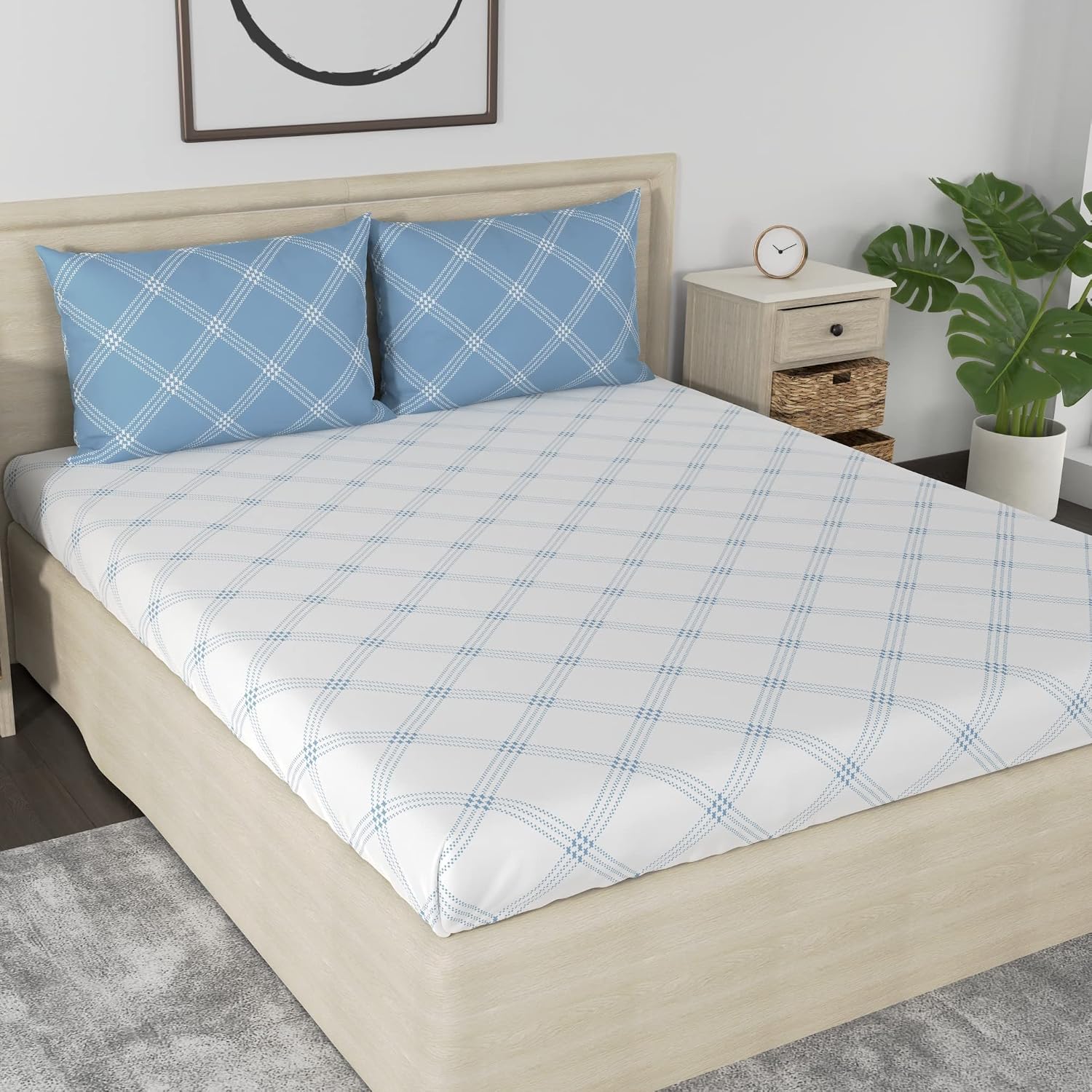Premium Cotton Bedsheet For Double Bed King Size With 2 Pillow Covers - (108 X 108 Inches) White & Blue | Ideal For All Season Comfortable Bedsheet
