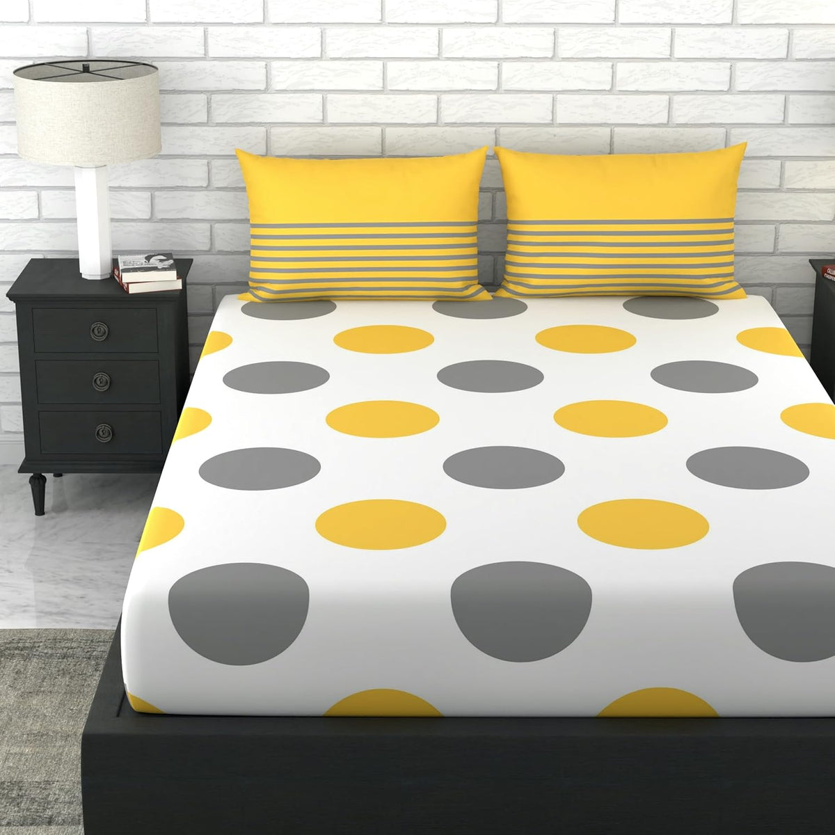 1 Double Bedsheet With 2 Pillow Covers - 88 X 90 Inches, Yellow & Grey | Queen Size Double Bedsheet Cotton | Ideal For Everyday Use
