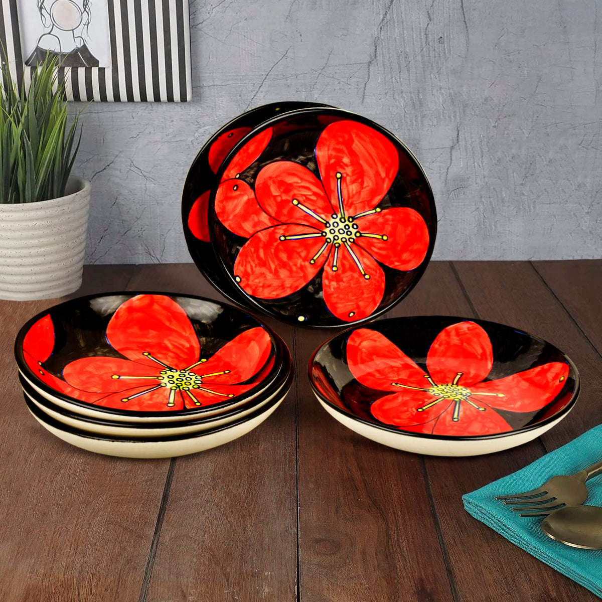 Hand Painted Ceramic Floral Round Pasta Serving Plates Set Of 6 - 8.5 Inches, Red & Black | Soup Plates - Ceramic Maggi Plates