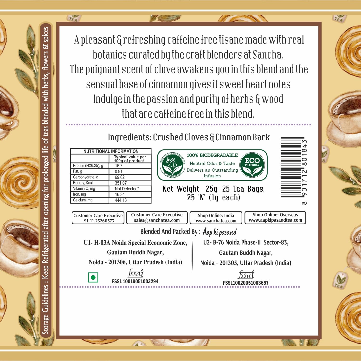 San-Cha Cinnamon & Clove Herbal Tea - 25 Biodegradable Pyramid Tea Bags | Soothing & Relaxing - Caffeine Free, Environment Friendly