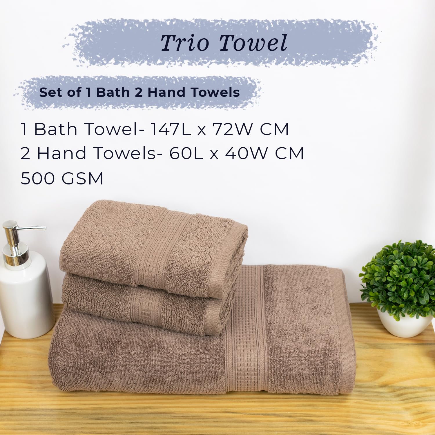 Rangoli 100% Cotton Fibre 1 Bath & 2 Hand Towel 900 Gsm | Highly Durable & Absorbent Towel | Skin-Friendly & Quick Drying Luxury Towels (Beige) - Pack Of 3