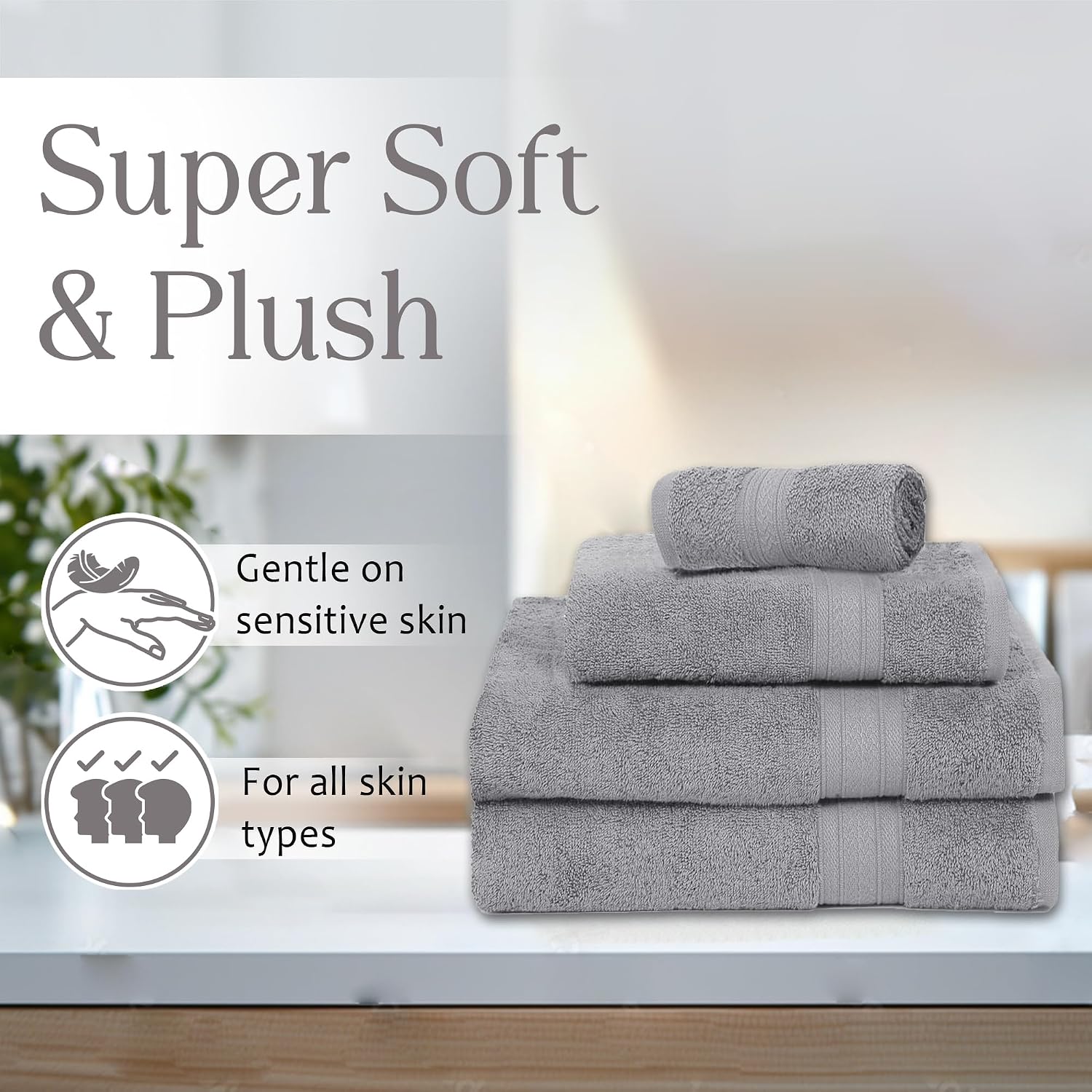 Ambra Linens Highly Absorbent Towel 500 Gsm | 100% Cotton, Soft & Plush, All Seasons Use, Large, Everyday Use, Durable (1hand, 1face, 2bath Towels Set) | Light Grey