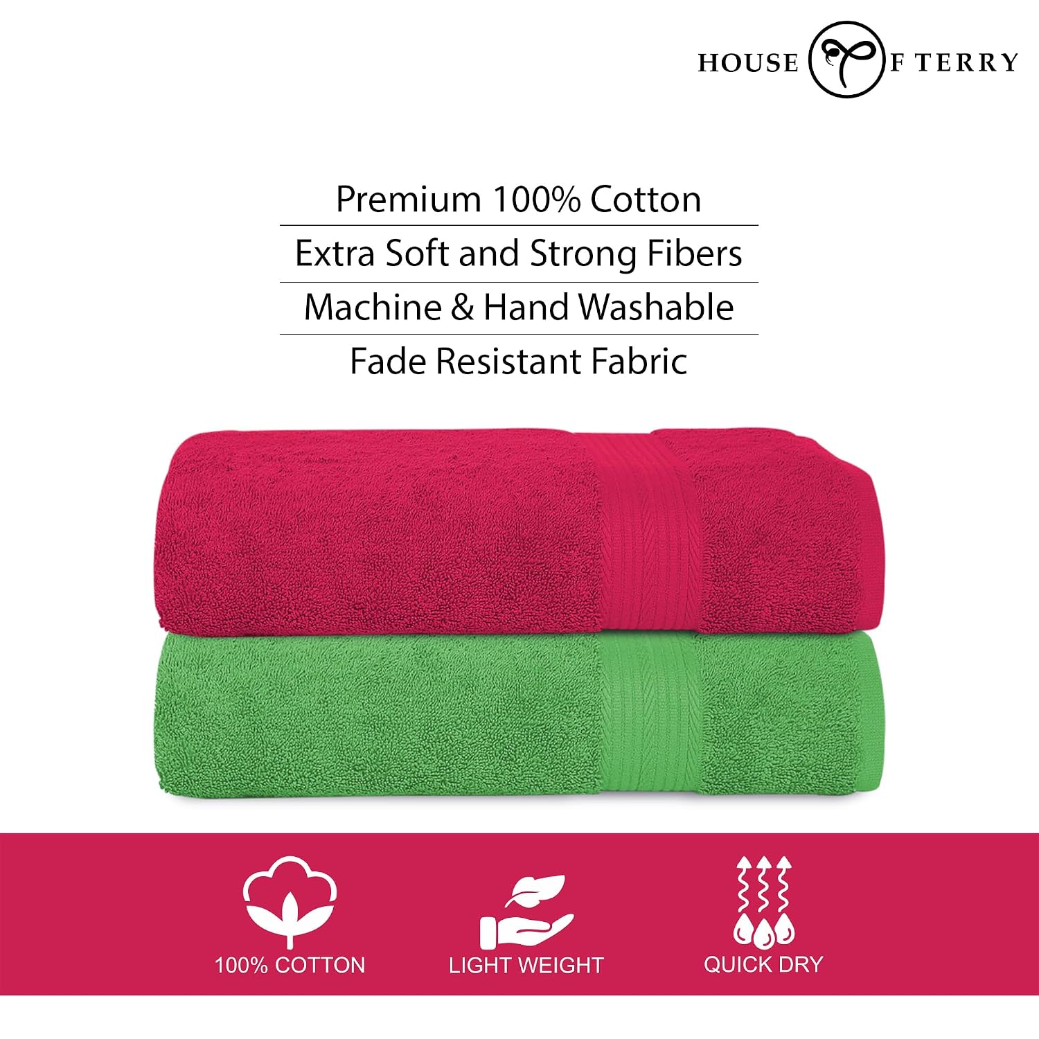 House Of Terry 100% Cotton Bath Towel 1000 Gsm | Quick Dry, Soft & Absorbent, Fade-Resistant, Skin-Friendly Large Size Towel (Paradise Pink & Spring Green) - Pack Of 2