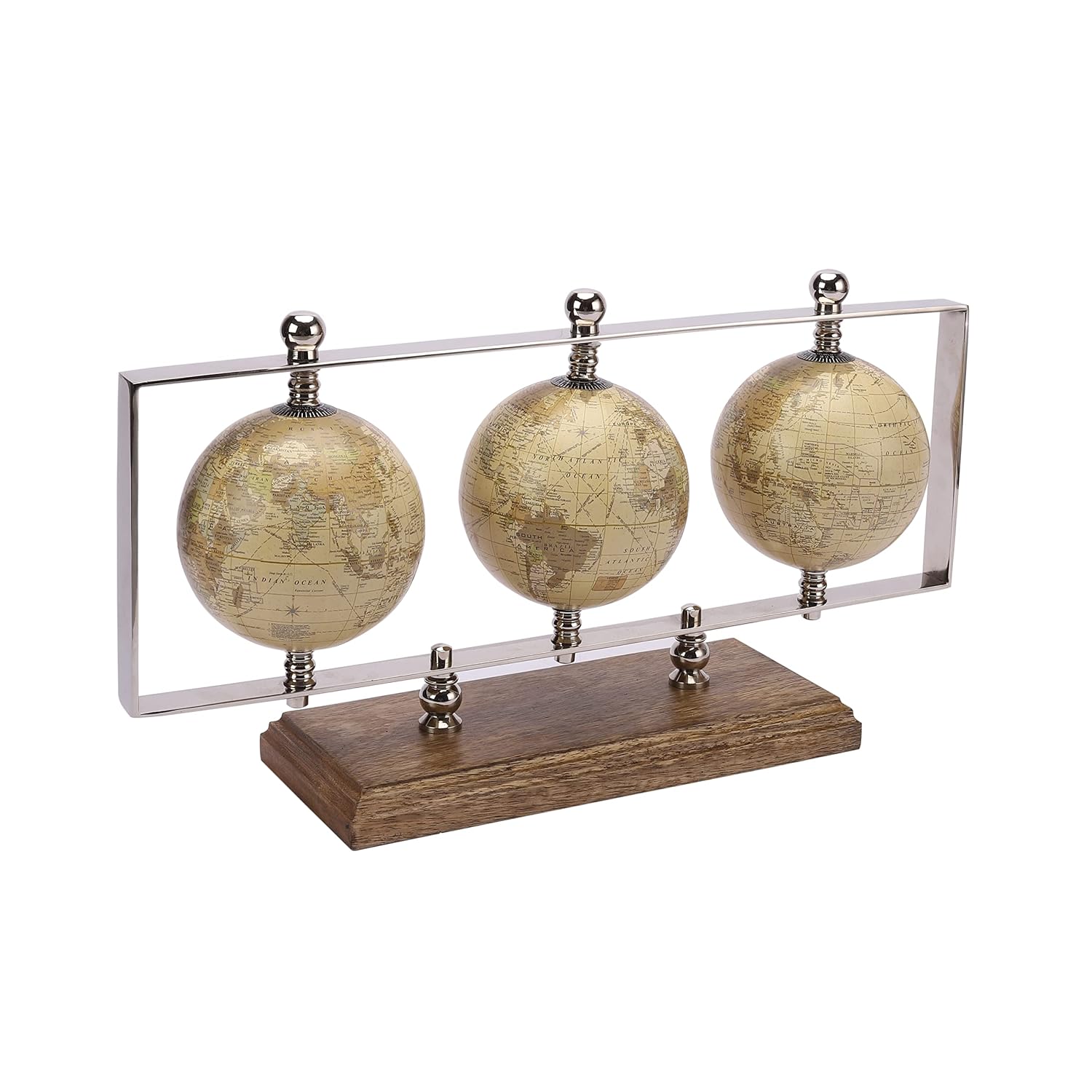Triple Horizontal Globe Set Decorative Globes With Stand, Accessories For Table, Desk For Office, Shelves, Gifting, Home Decor (Silver/Mango Wood) Pack Of 1