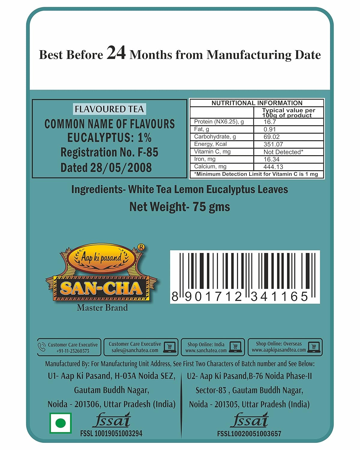 San-Cha Silver Needles Lemon Eucalyptus White Tea - 75gm, 2.6 Ounce | Crisp & Sweet Citrus Notes - Low Caffeine, Richest In Antioxidants