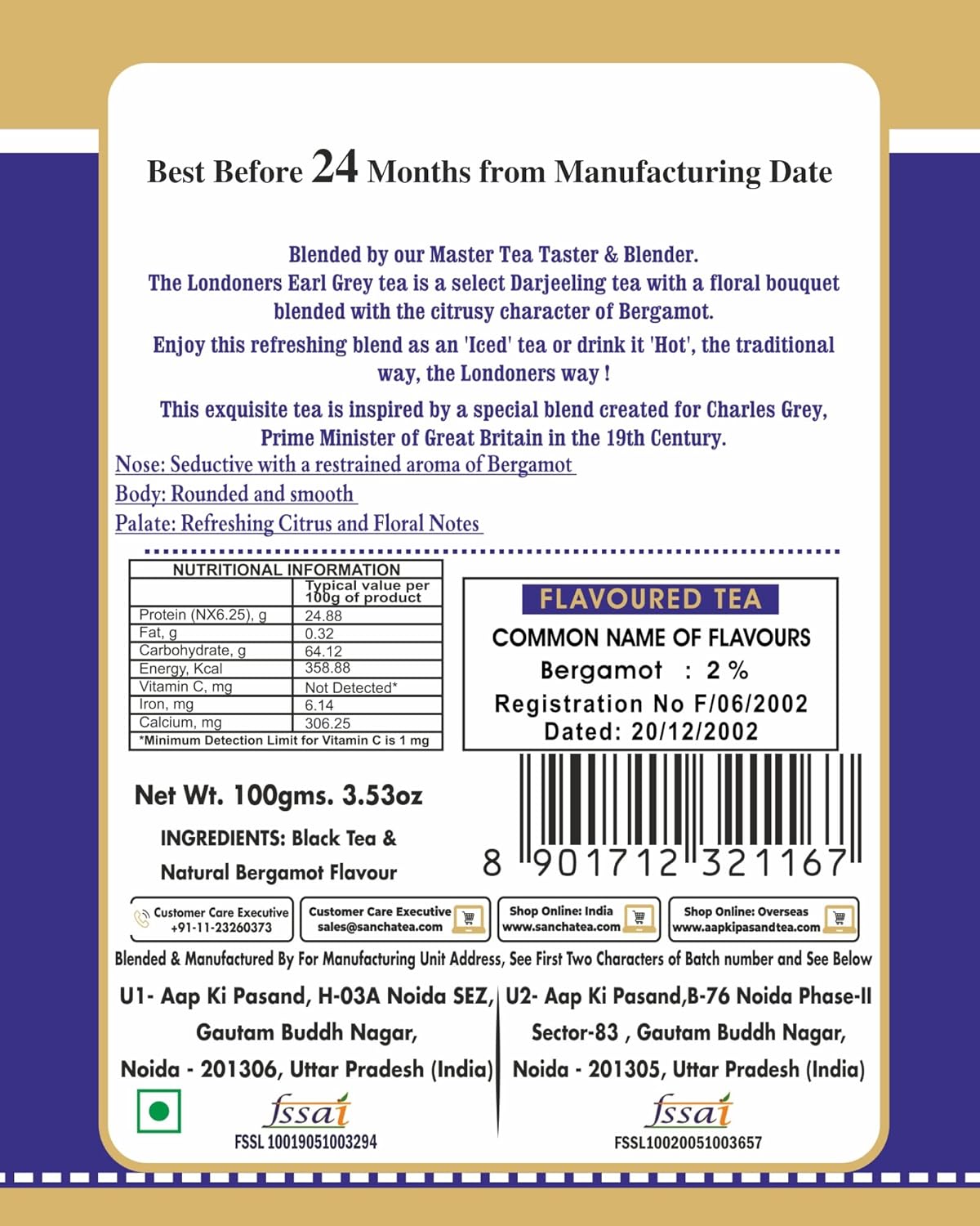 San-Cha Londoners Earl Grey Black Tea - 100gm, 3.5 Ounce, 50+ Cups | Citrusy & Floral Notes Leaf Tea - Golden Orange Pekoe Tea | Medium Caffeine Loose Leaf Tea