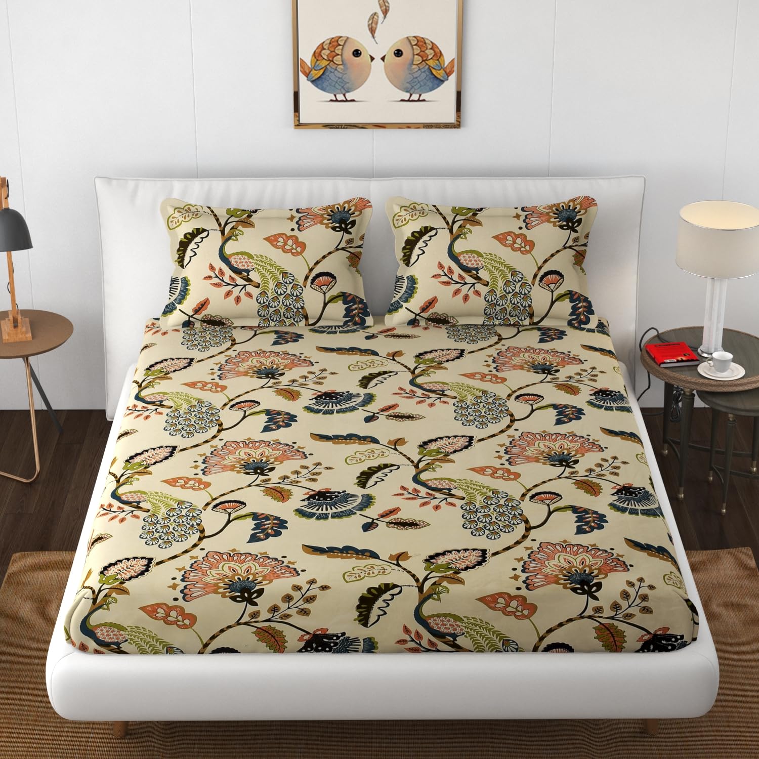 Heavy Cotton Elastic Fitted Bedsheet For King Size With 2 Matching Pillow Covers - 72 X 78 X 10 Inch, Beige | Super Soft Breathable & Wrinkle Free