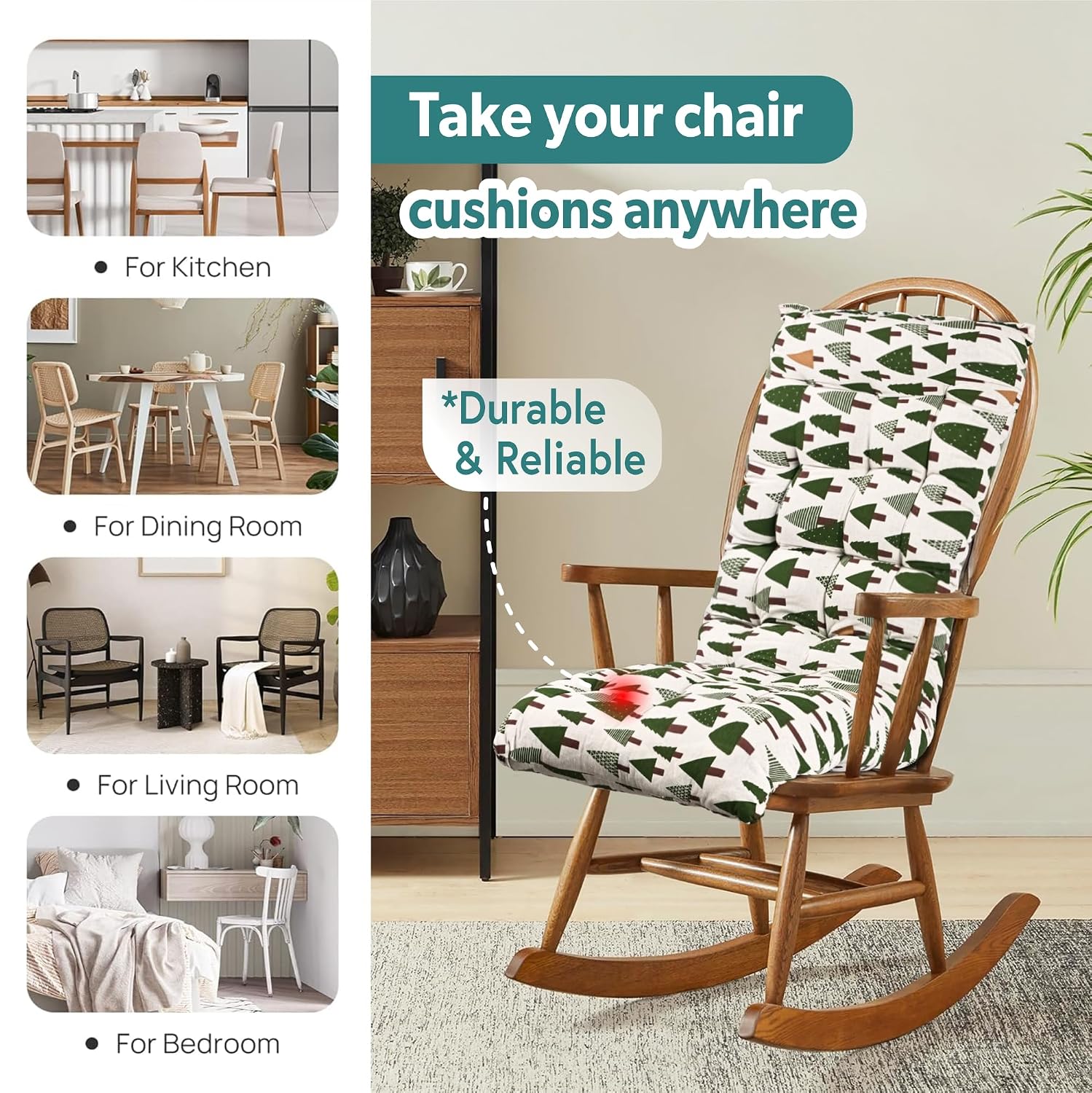 Extra Long Chair Cushion For Comfortable Sitting, Tree Printed - Green - 18 X 48 Inch | Rocking Chairs For Indoor & Outdoor | Cushion For Home, Office | Back Rest Support Cushion With Ties