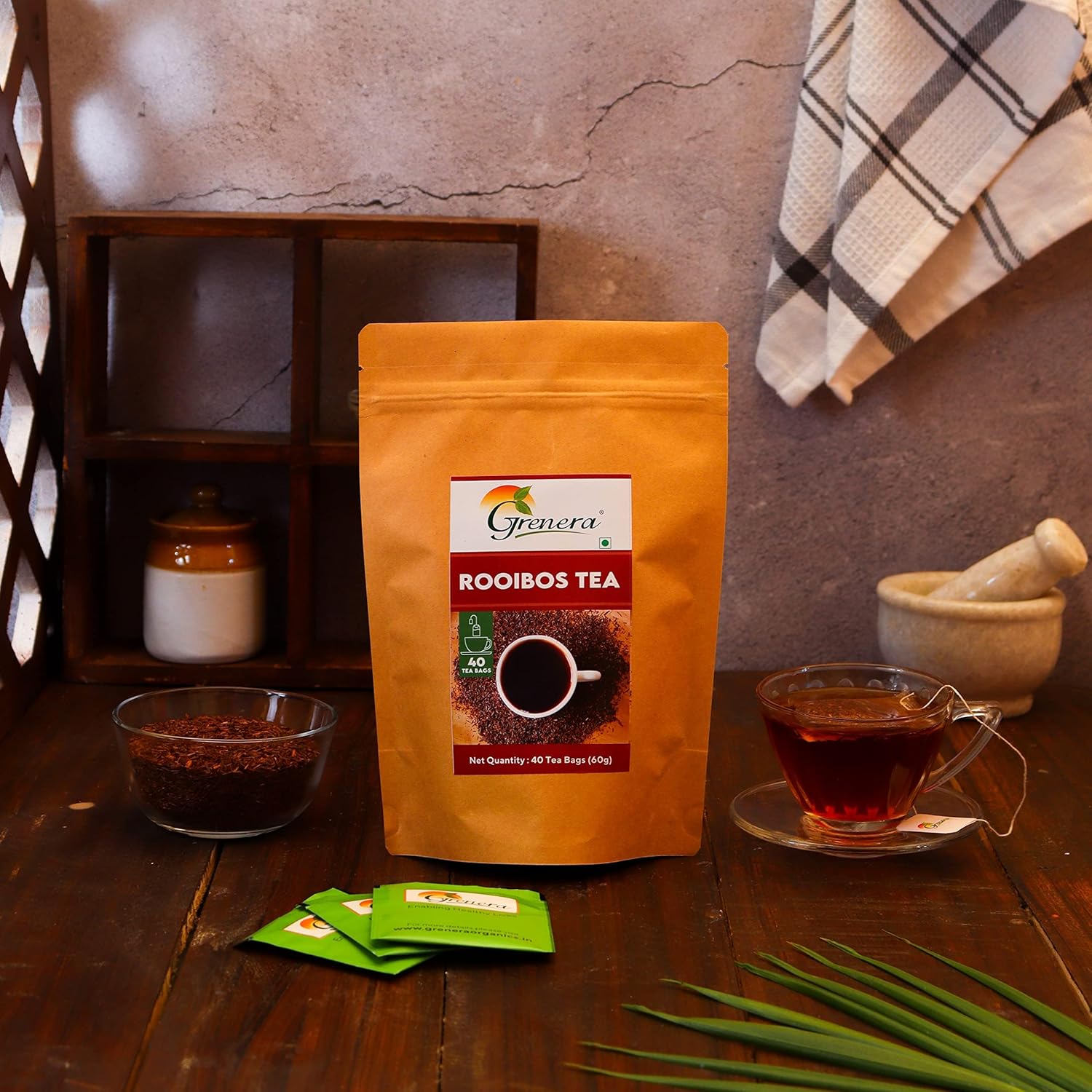 Grenera Rooibos Tea Bags - 60gm, 2.1 Ounce, 40 Dip Tea Bags | Herbal Dietary Supplement - Caffeine Free, Gluten Free, Non GMO
