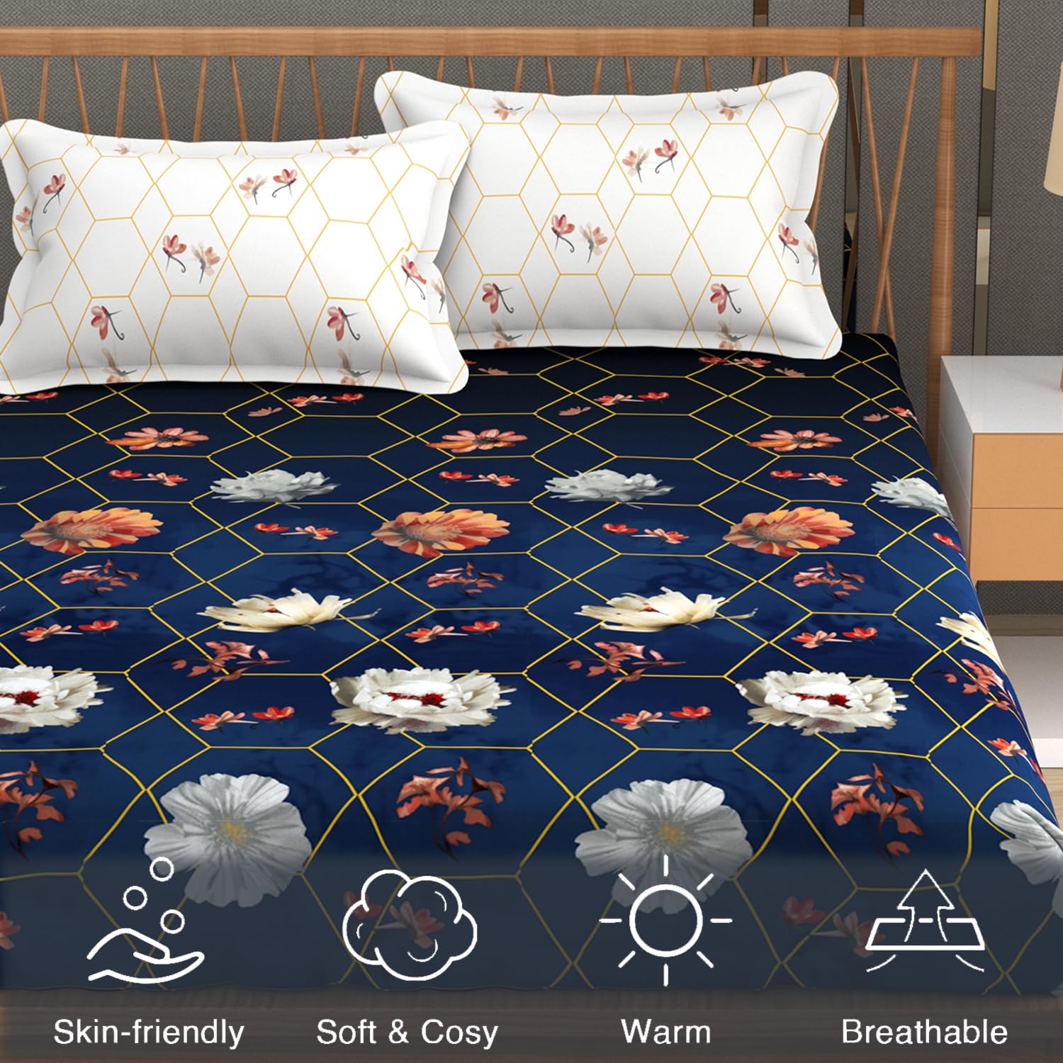Printed King Size Bedsheet With 2 Pillow Cover - 108 X 108 Inches, Royal Blue & White | Double Bed Breathable & Wrinkle Free | All-Season Comfort Bedsheet