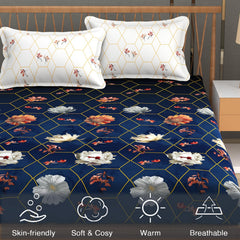 Printed King Size Bedsheet With 2 Pillow Cover - 108 X 108 Inches, Royal Blue & White | Double Bed Breathable & Wrinkle Free | All-Season Comfort Bedsheet