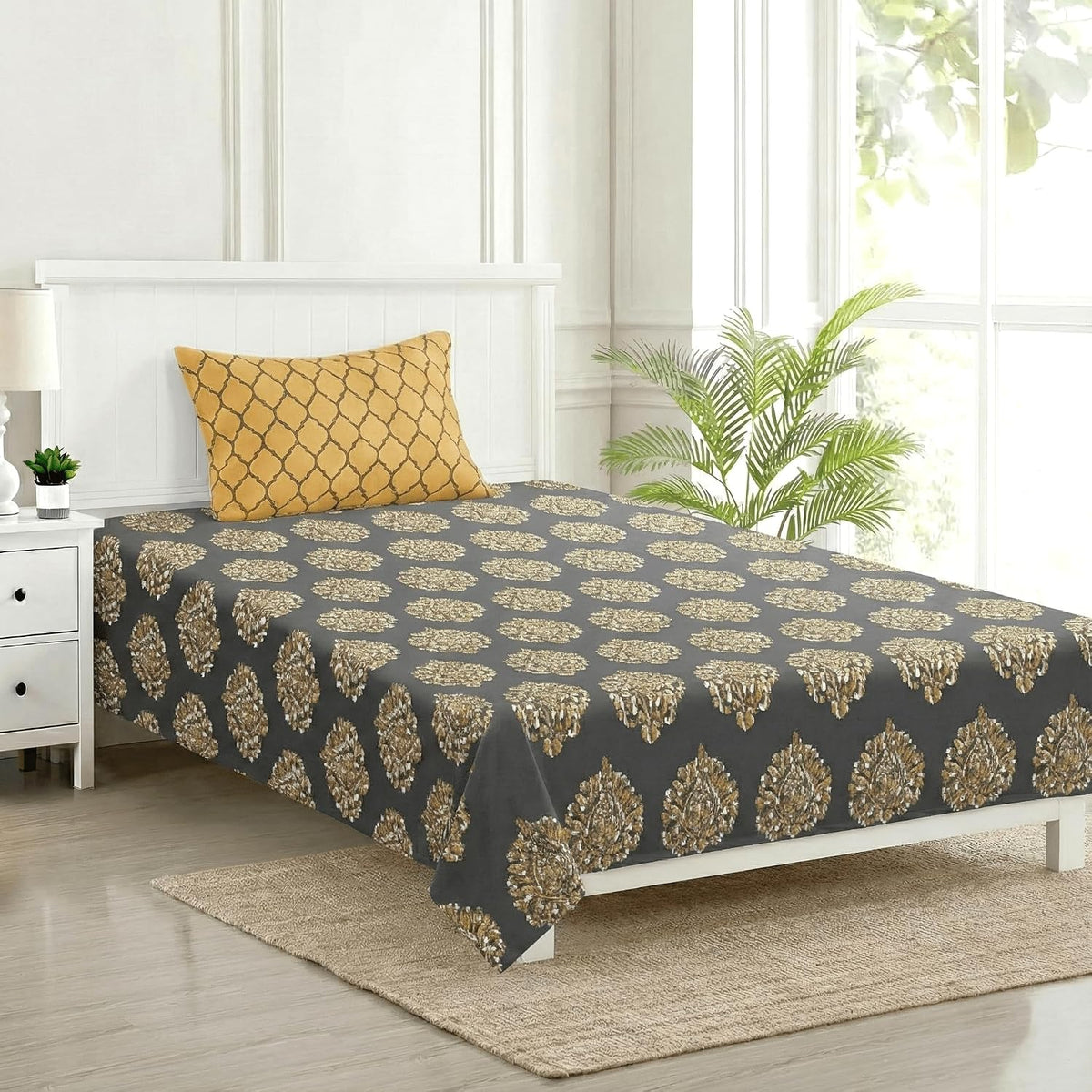 Cotton Printed Single Flat Bedsheet With 1 Pillow Cover - 60 X 100 Inches, Warm Grey & Mustard | Breathable & Skin Friendly Bedsheet | Ideal For Year Round Use