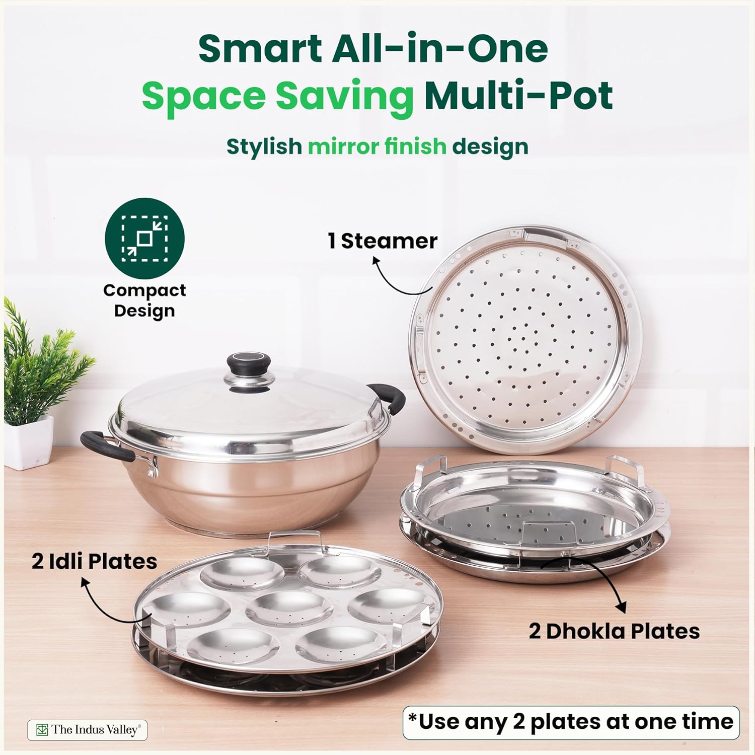 Stainless Steel Idli Maker, Dhokla Maker, Momo Maker - Multi Pot & Steaming Set | Large, 5 Plates, 29cm 11.3 Inch, 4.2 Liters, 1.5 Kg - Nonstick 3-Layer Bottom | Induction Friendly