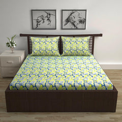 100% Pure Cotton Double Bedsheet For Queen With 2 Pillow Covers - 87 X 100 Inches, Yellow & Blue | Soft & Durable For Everyday Use & Bedroom - All Season Comfort