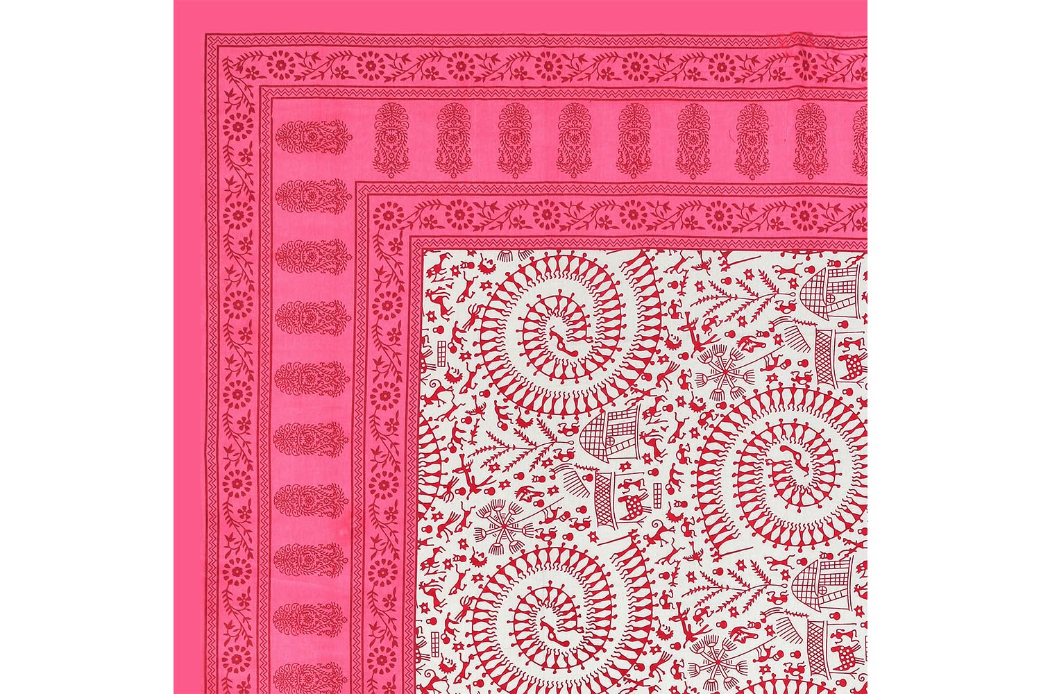 Printed Bedsheet For Double Bed With 2 Pillow Covers - 83 X 94 Inches, White & Pink | Ideal For Hotel, Guest House, Home | Traditional Jaipuri Bedsheets