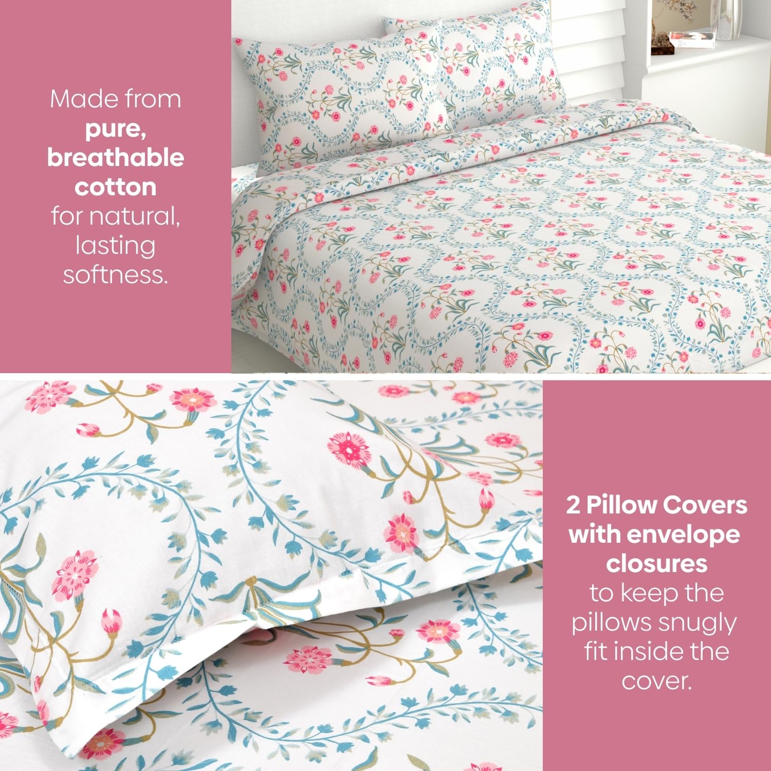 Bedsheet Double Bed For Queen Size - 100 X 90 Inches 2 Pillow Cover, Off White & Pink | Ideal For Everyday Use | Soft, Skin-Friendly & Durable Cotton Fabric
