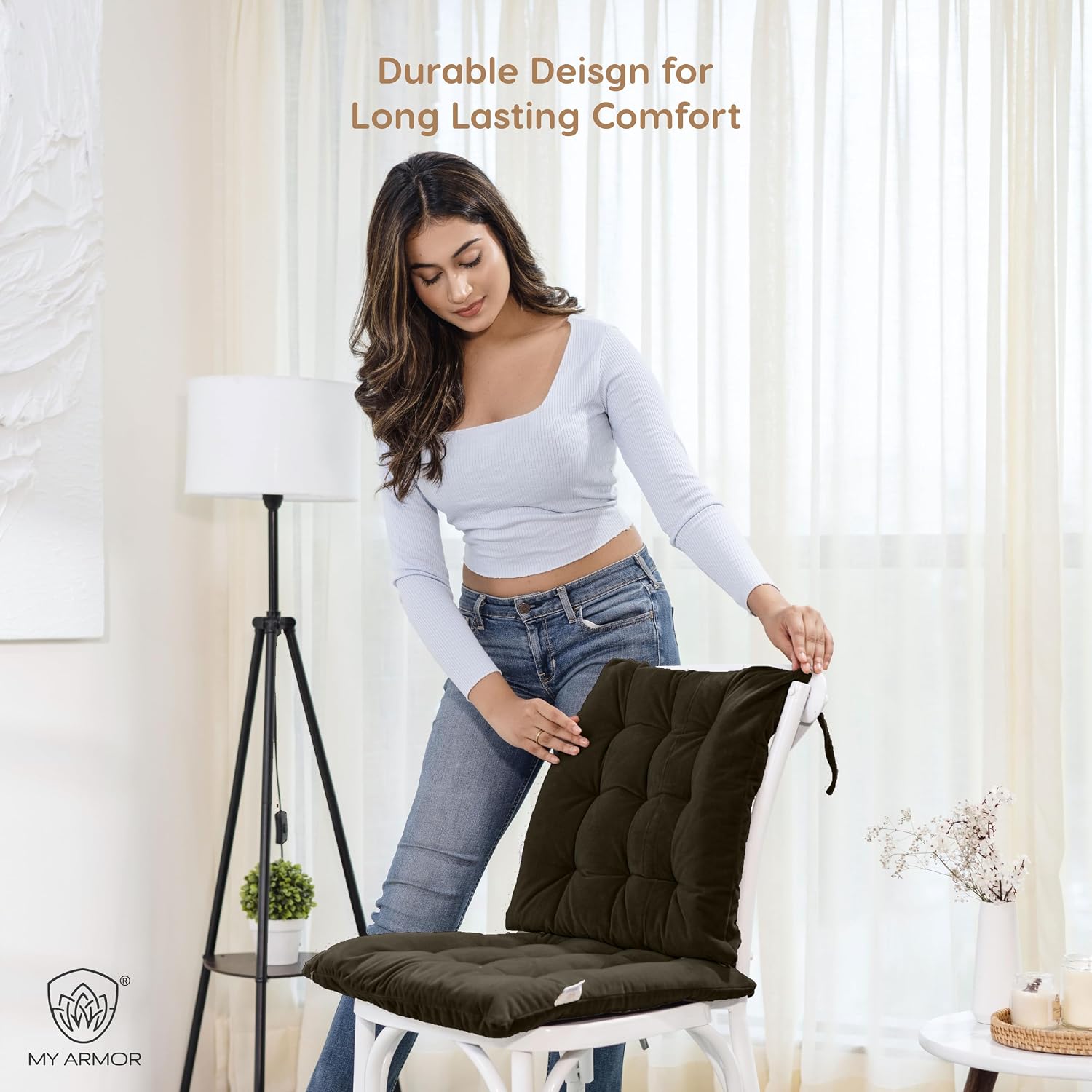 Square Chair Pads Cushion, For Comfortable Sitting, Brown Color - 40 X 40 Cm | Seat Cushions With Ties For Sitting, Pooja, Dining & Office Table | Furniture Cushion, Washable - Pack Of 1