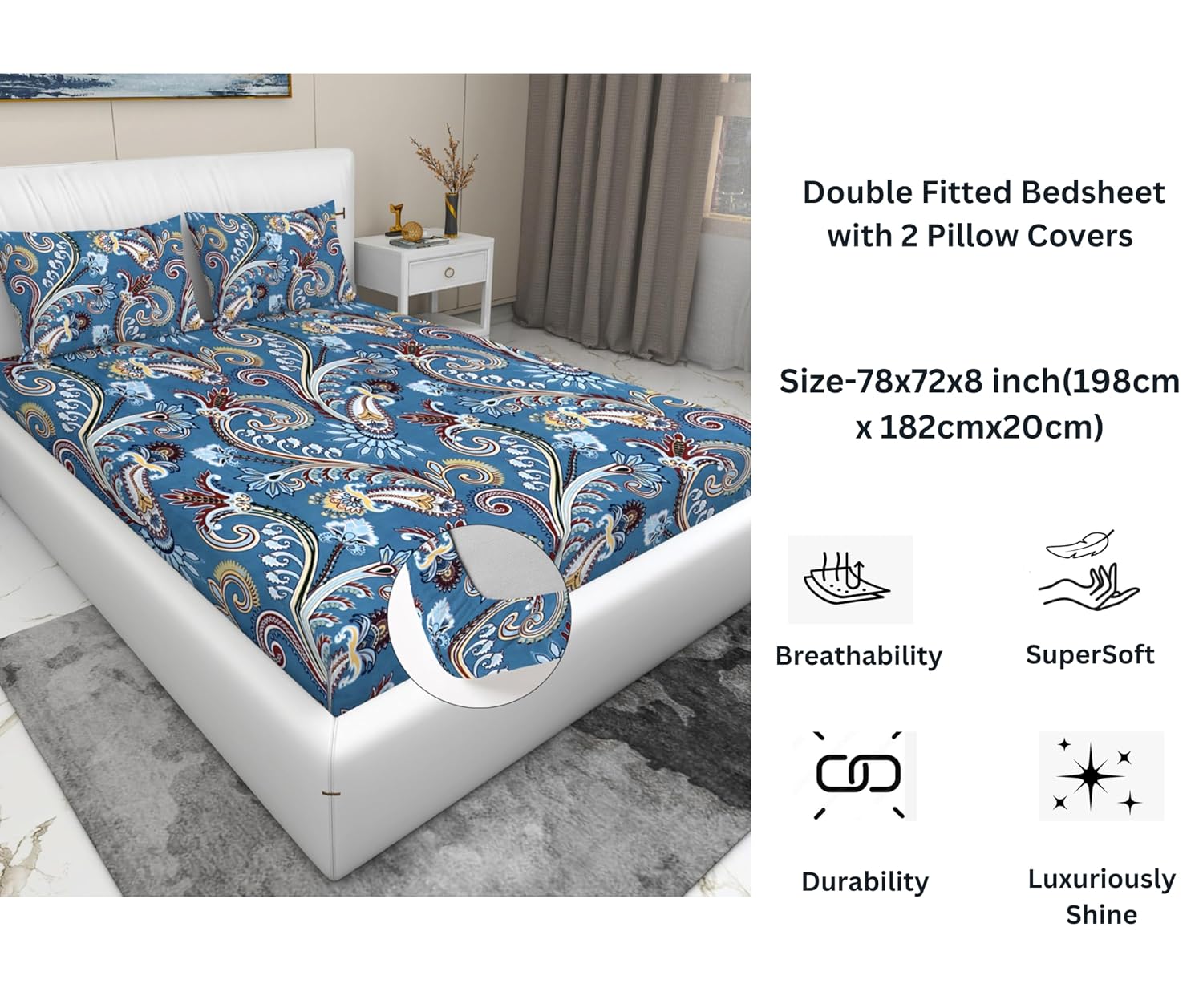 Elastic Fitted Bedsheet For King Size With 2 Pillow Covers - 72 X 78 X 8 Inches, Blue | Presents Luxurious Glace Cotton Super Soft 210 Thread Count
