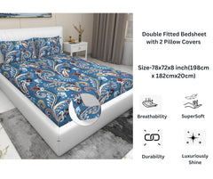 Elastic Fitted Bedsheet For King Size With 2 Pillow Covers - 72 X 78 X 8 Inches, Blue | Presents Luxurious Glace Cotton Super Soft 210 Thread Count