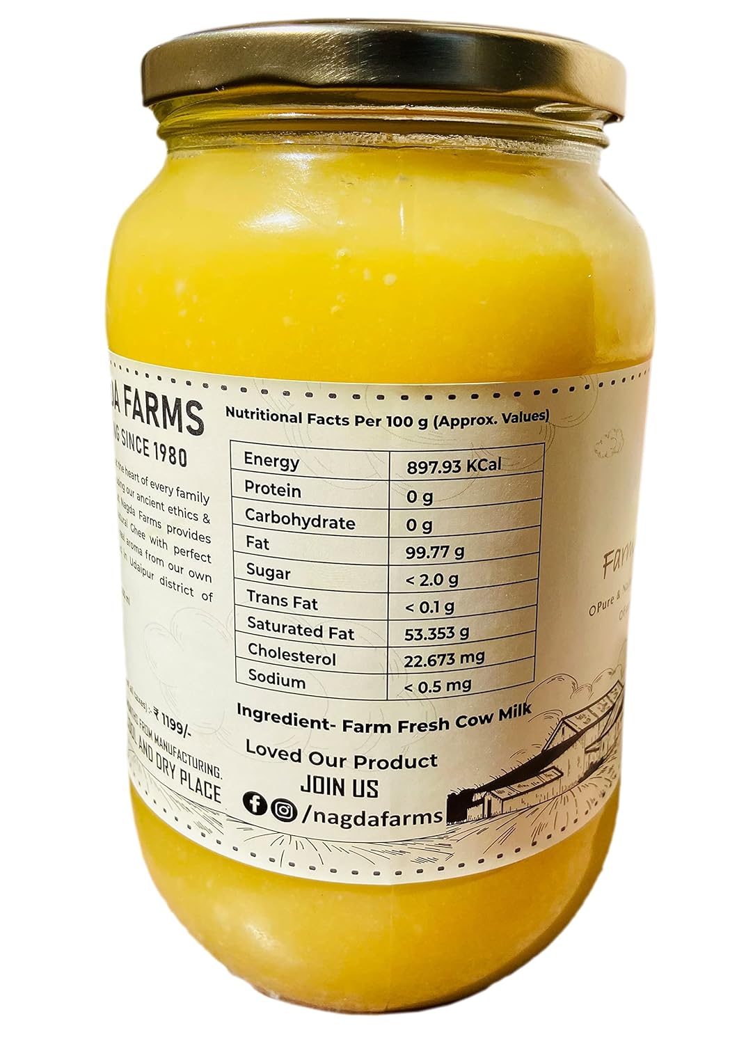 Natural Farm Fresh Cow Ghee By Nagda Farms | Natural Healthy With Real Aroma Desi Ghee For Diet | (1 Litr) 33.8 Ounce | Jar Pack
