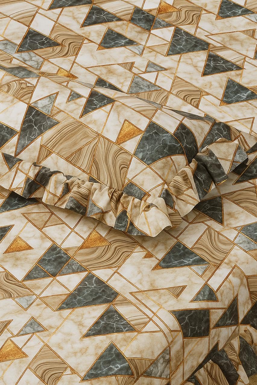 Premium Heavy Queen Size Bedsheet With 2 Frill Pillow Covers | 72 X 78 Inches, Gold & Cream | Double Bed, All-Around Elastic Fitted | Luxurious Comfort & Durability