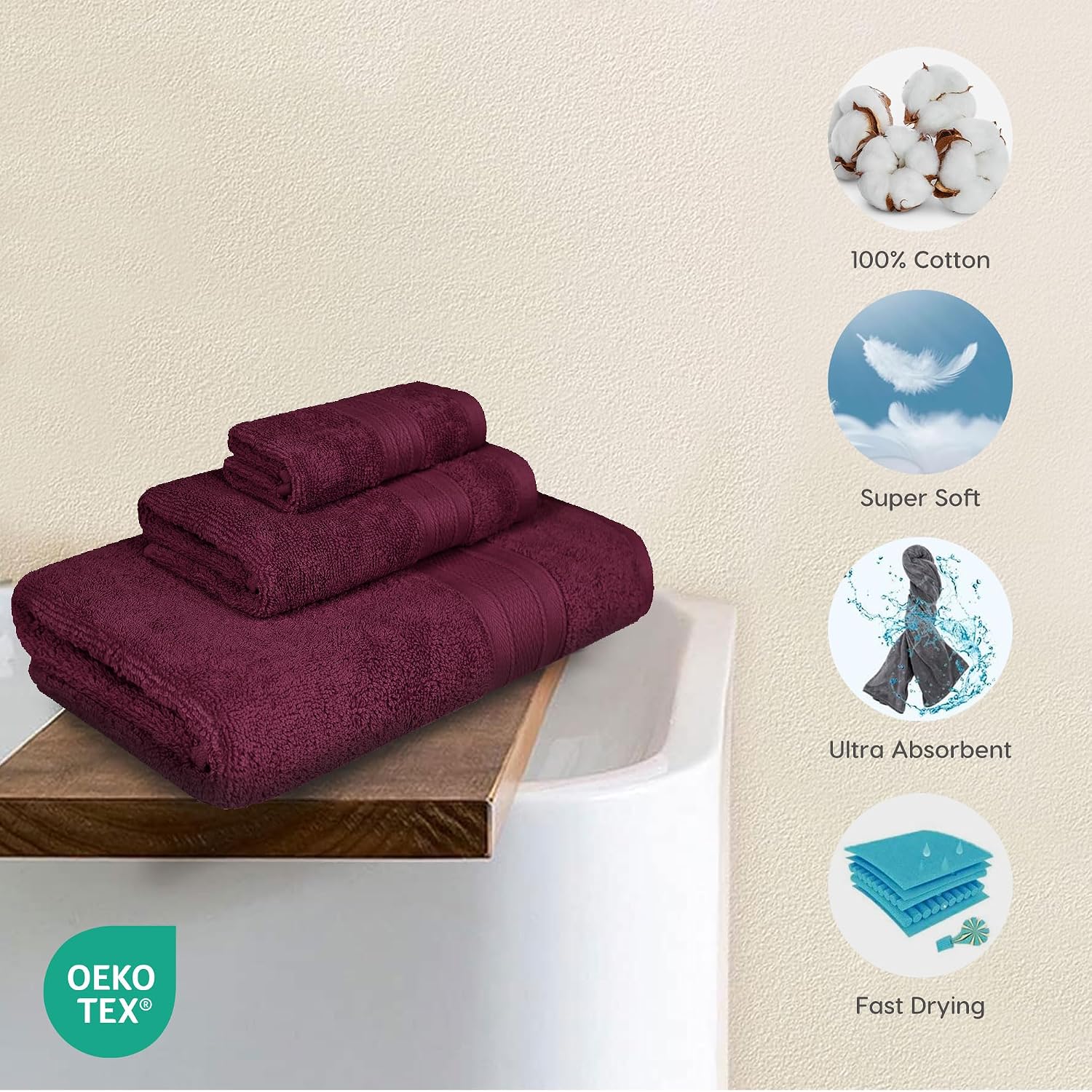 Trident Soft Comfort Air Rich Bath Towels 500 Gsm | 100% Cotton Towel, Super Soft, Highly Absorbent 3 Pieces (Red Wine)