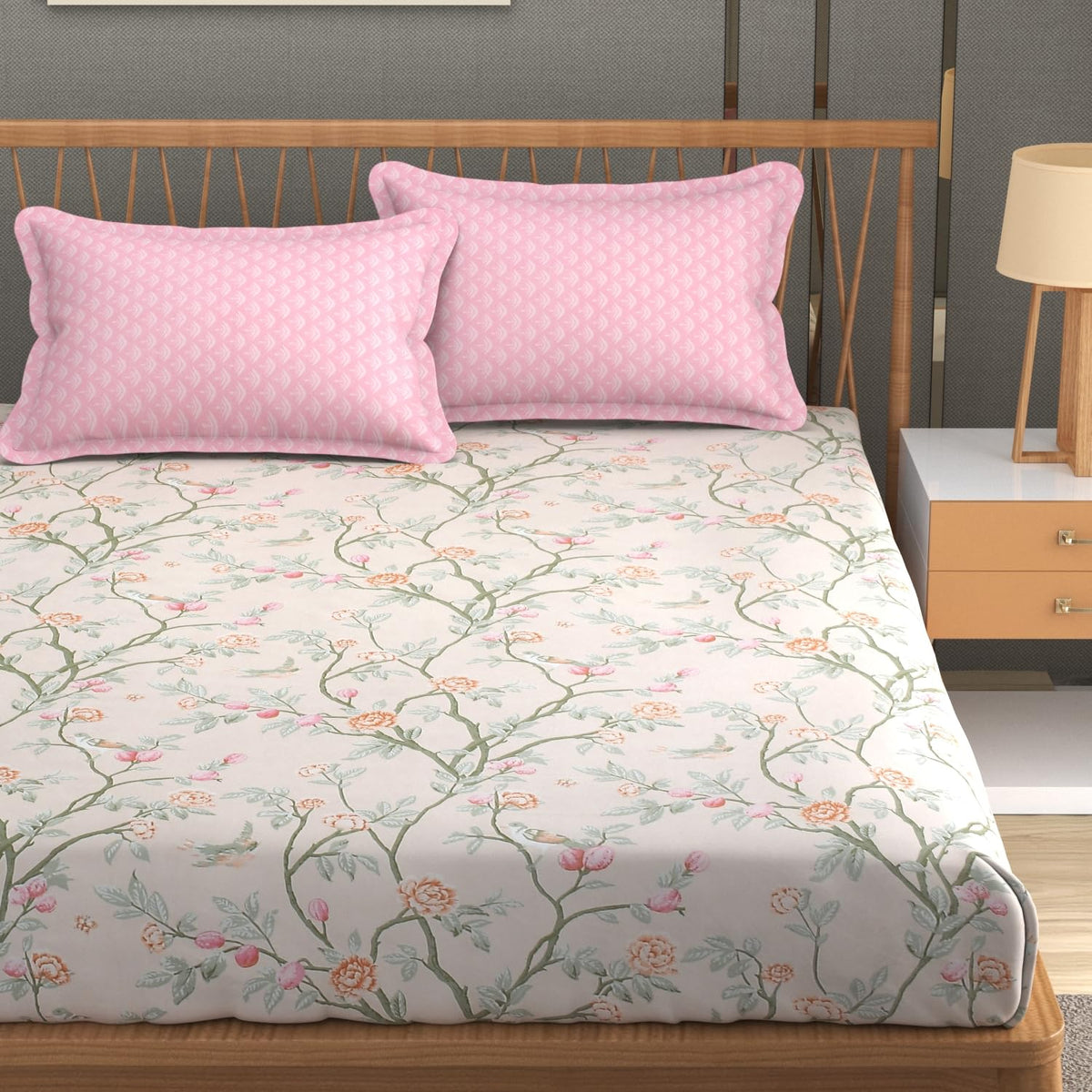 Printed King Size Bedsheet With 2 Pillow Cover - 108 X 108 Inches, Oyster-Pink | Double Bed Breathable & Wrinkle Free | All-Season Comfort Bedsheet