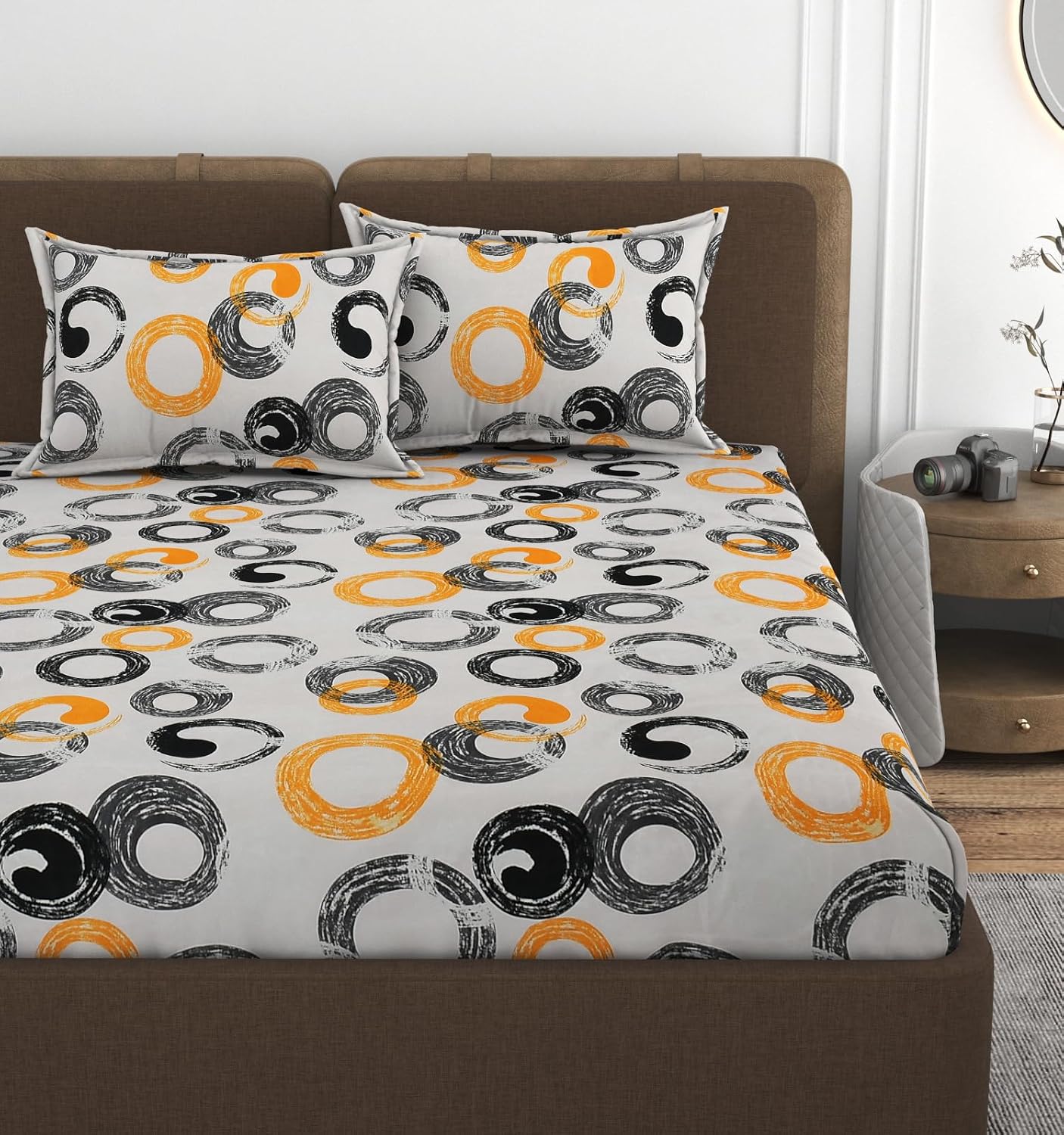 1 Double Bedsheet With 2 Pillow Covers Size 60 X 78 X 8 Inches, Grey & Black | Cotton Feel All Around Elastic Fitted - Queen Size Bedsheets, Super Soft 320 TC