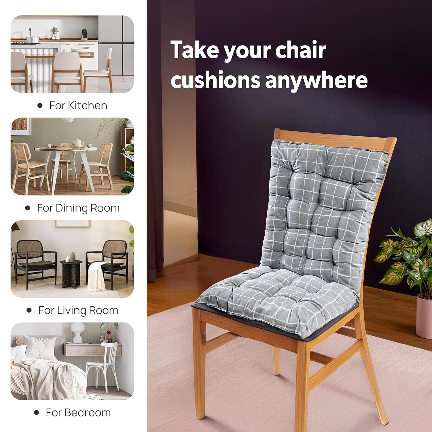 Long Comfortable Rocking Chair Cushion With Ties, Check Printed - Grey - 18 X 36 Inch | Back Rest & Seat Cushions Chair Pad, For Rocking Chairs | Chair Cotton Cushion For Office & Home Use