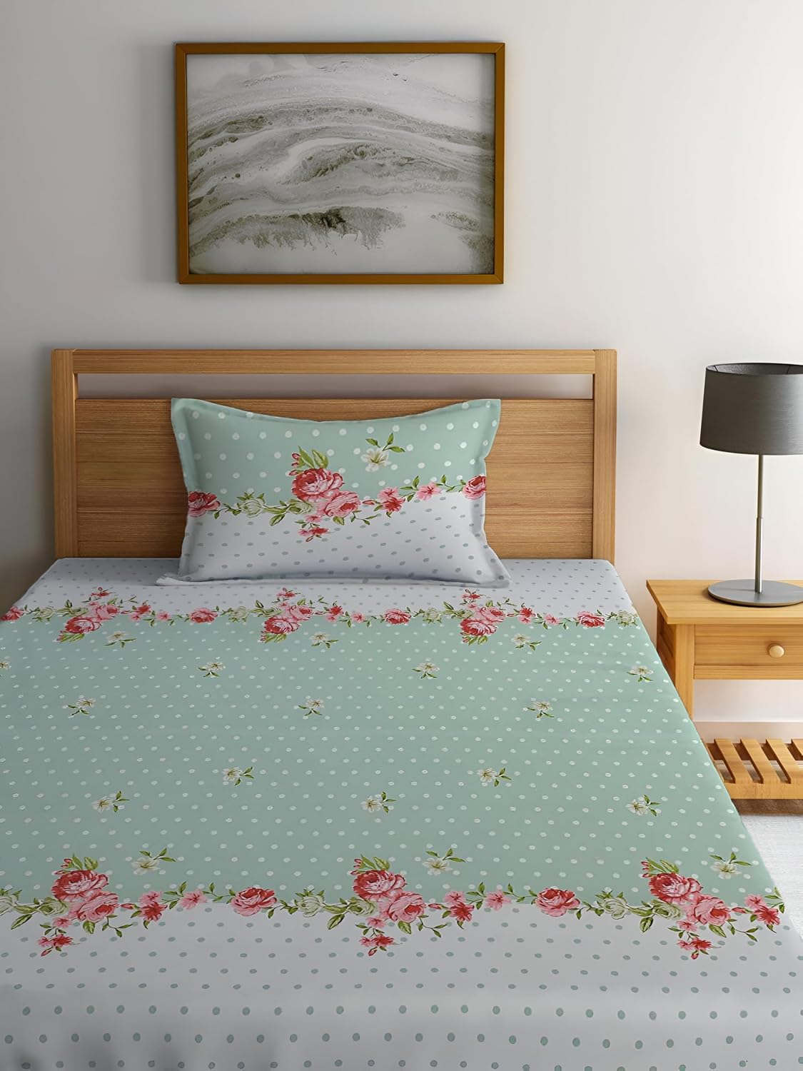180 TC Print Cotton 1 Single Bedsheet With 1 Pillow Cover - 60 X 90 Inches, Green & White | Soft & Breathable Fabric, Skin-Friendly Bed Sheet For All Seasons