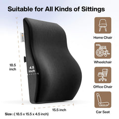 Gel Memory Foam Pillow Car Seat Back Support, For Back Pain Relief, Black, Large Size | Orthopedic Lumbar Back Rest For Pain Relief - Back Pillow For Sitting | Adjustable Pillow