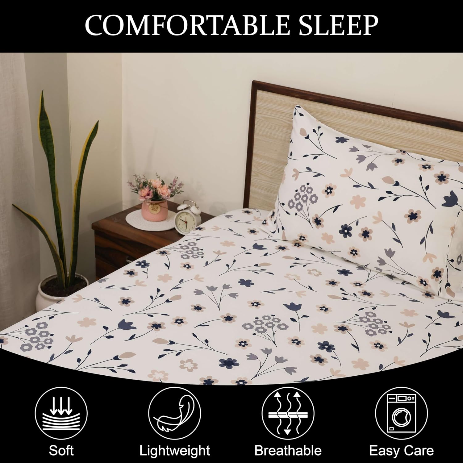Perfect Single Bedsheet With Pillow Covers – Soft & Breathable Fabric - 68 X 90 Inch, White | Ditsy Floral Print Bedsheet Set - Ideal For Daily Use & Gifting Bedsheet