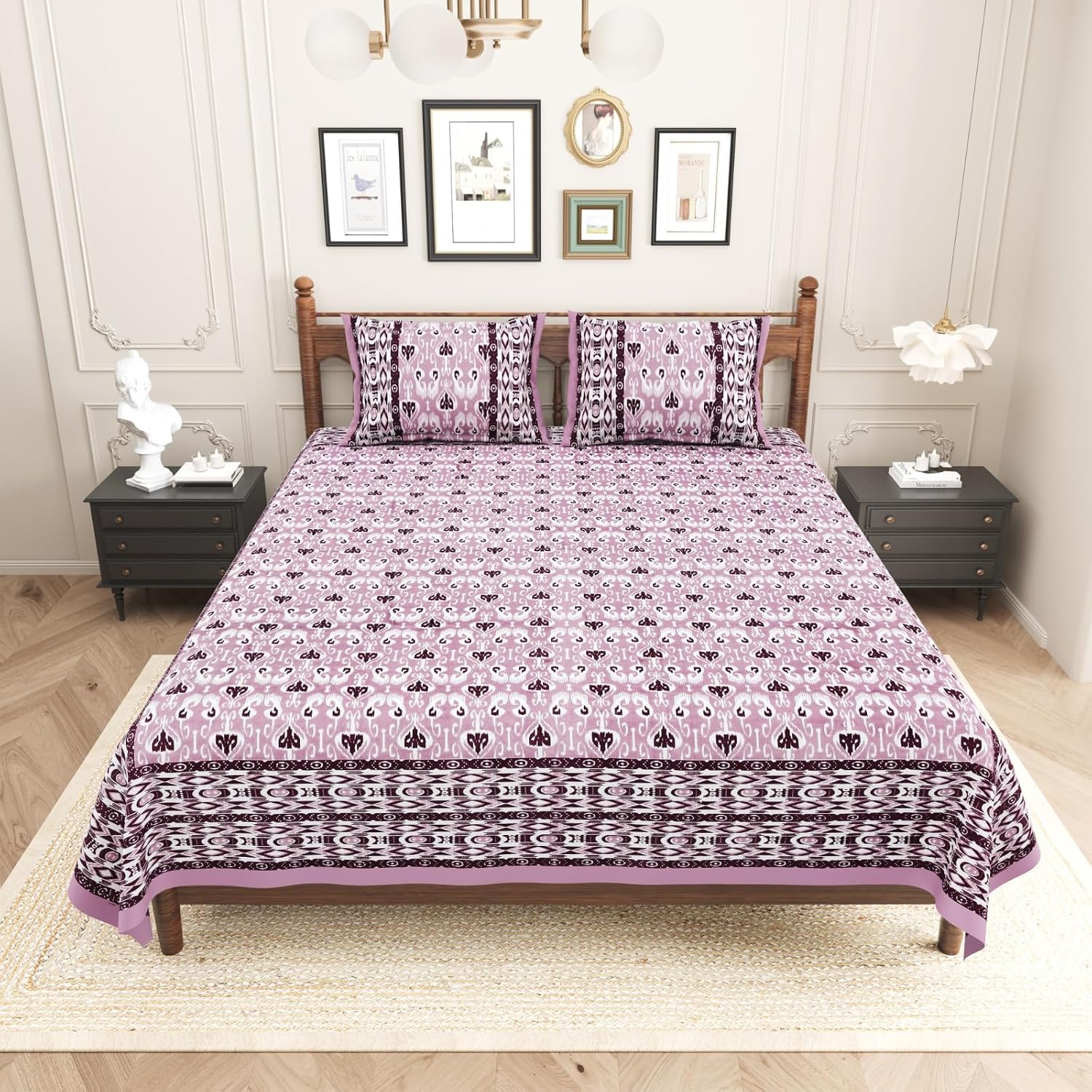 Pure Cotton King Size Bedsheet 2 Matching Pillow Covers | 100x108 Inches, Purple & Brown | Traditional Jaipuri Printed Bedsheet | Ideal Wedding Gift, Housewarming, Special Occasion Surprise