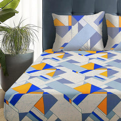 Queen Size Bedsheet With 2 Matching Pillow Covers - 88 X 100 Inches, Yellow & Grey | Breathable & Soft Touch Bedsheet