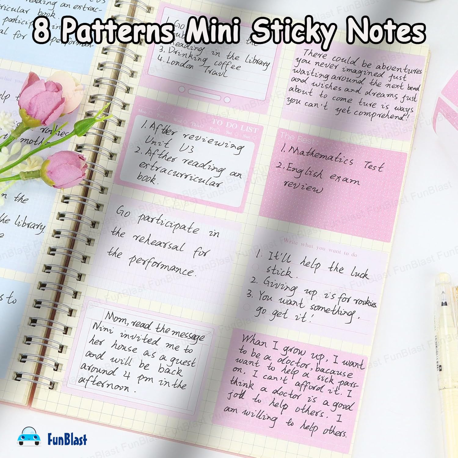 256 Pcs Sticky Notes Set With Dispenser, 8 Patterns Mini Sticky Notes For School, Home (Pink)