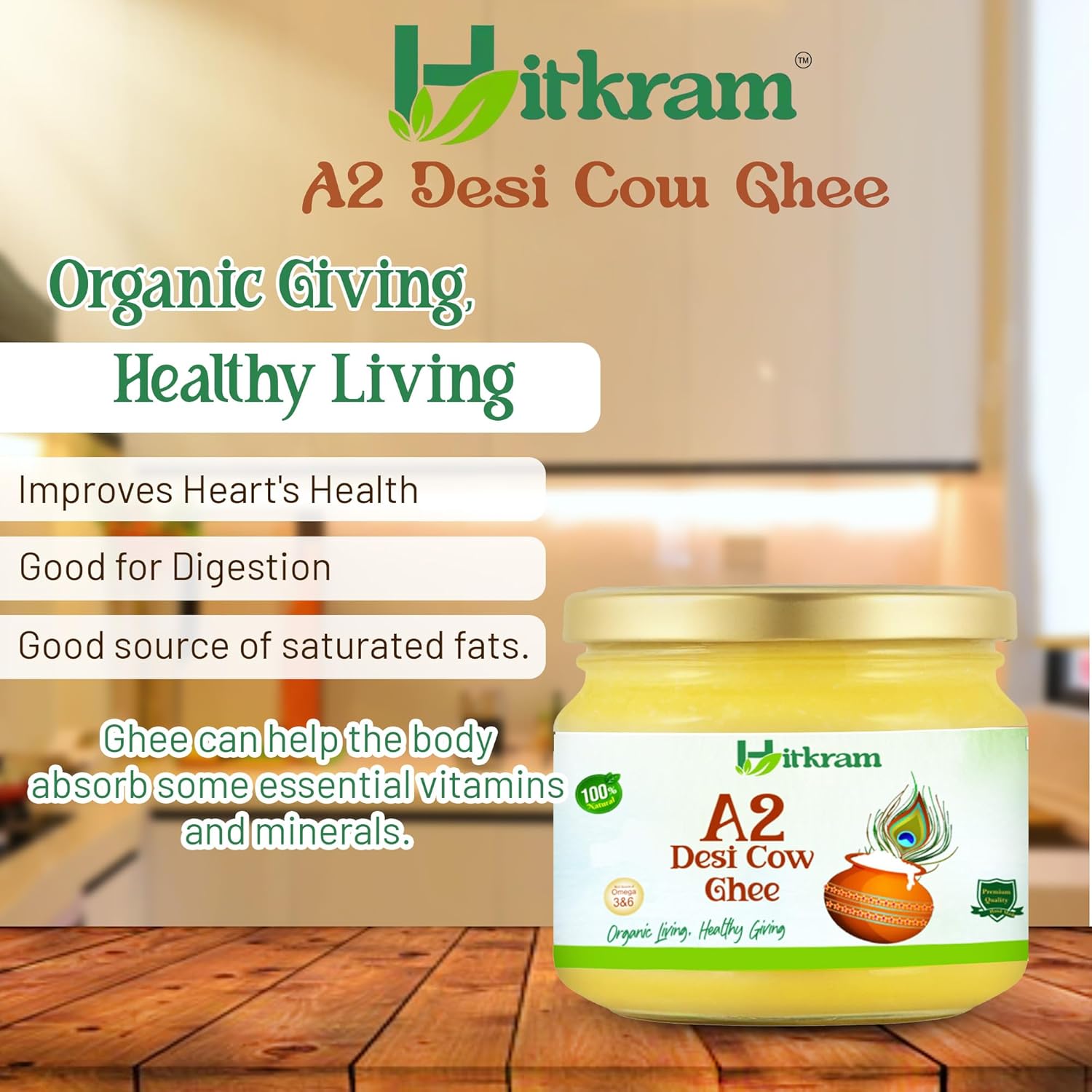 Pure Organic A2 Desi Cow Ghee By Hitkram | Homemade Healthy Fresh Desi Ghee Hand-Churned Using Traditional Bilona Method Good For Cooking & Frying | (200ml) 6.7 | Jar Pack