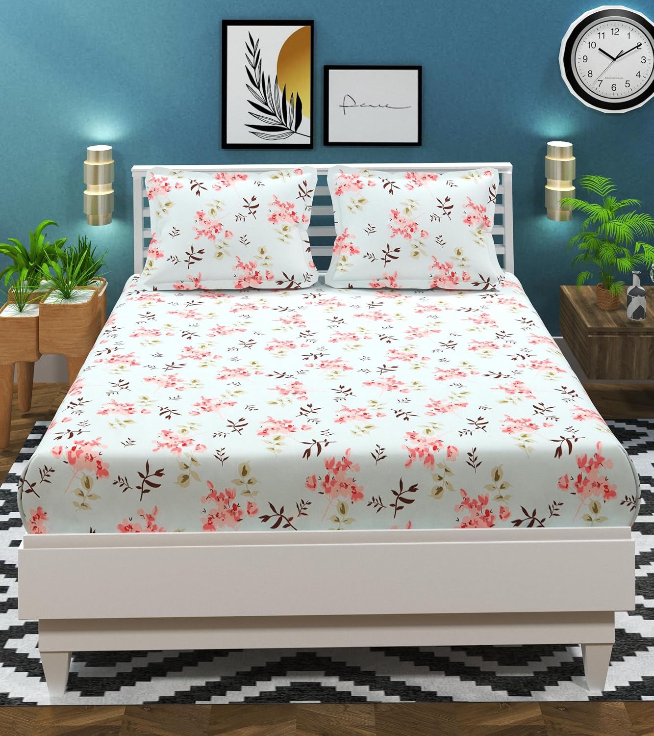 100% Cotton Double Bed Bedsheet Set With 2 Matching Pillow Covers | 90 X 90 Inches, Aqua & Pink- Ideal For Villas, Guest Houses, & Daily Home Use Double Bedsheet