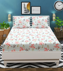 100% Cotton Double Bed Bedsheet Set With 2 Matching Pillow Covers | 90 X 90 Inches, Aqua & Pink- Ideal For Villas, Guest Houses, & Daily Home Use Double Bedsheet