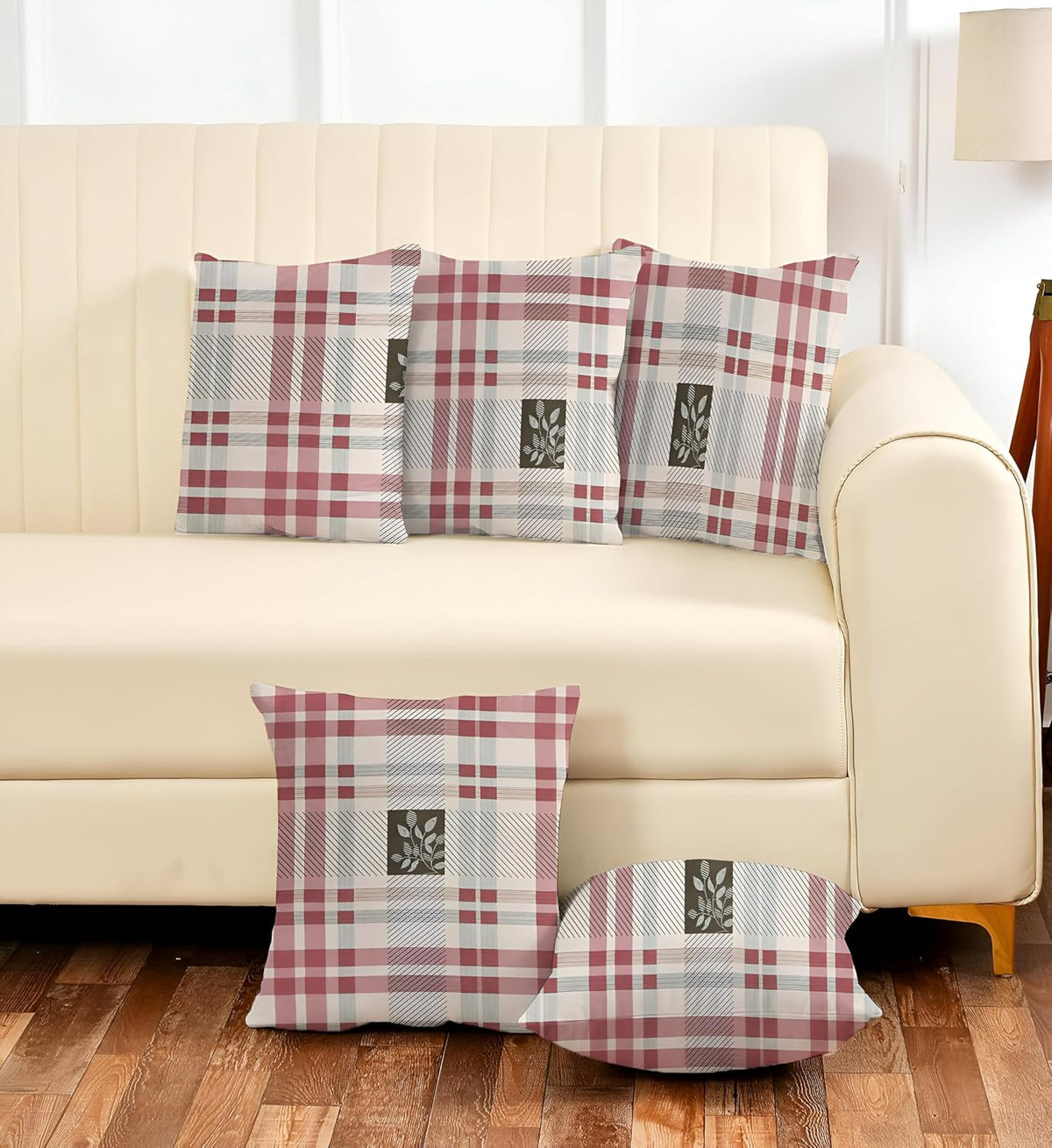 Microfiber Square Pillow Cushion For Sofa & Bed, Maroon & Black - 12 X 12 Inch | Fluffy For Comfort & Back Support | Breathable, Premium Cotton Cushion Cover With Zip, Neck Support - Set Of 5