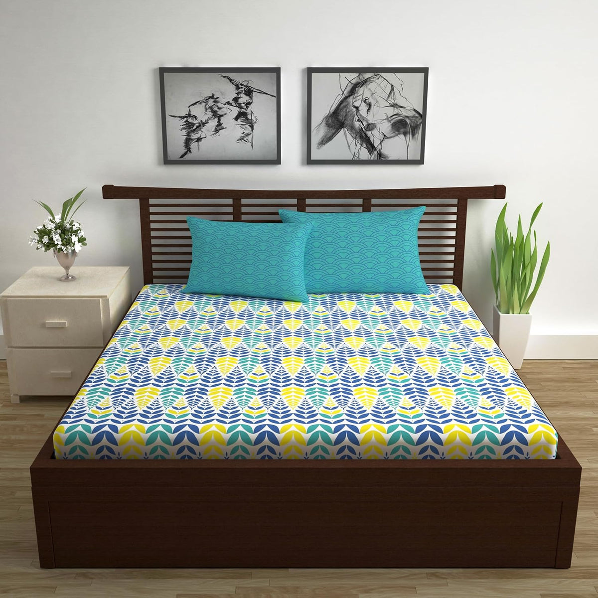 Soft Cotton Double Bedsheet For Queen Size With 2 Pillow Covers | 87 X 100 Inches, Blue & Yellow - Soft & Breathable Fabric | Comfortable For Daily Use