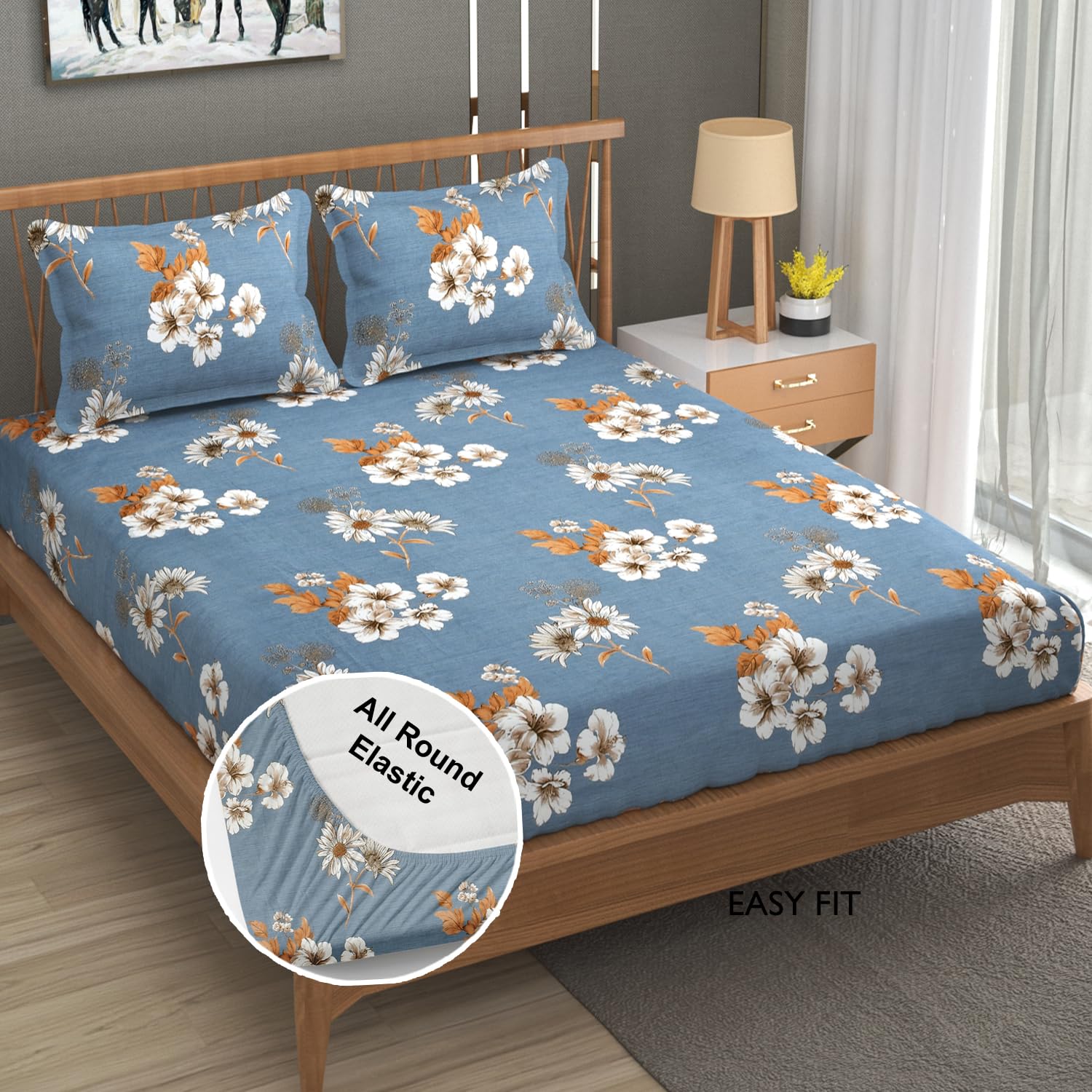 1 Elastic Fitted Bedsheet For King Size & 2 Pillow Covers - 78 X 72 Inches, Grey & Mustard | Elegant Floral Print Design & Skin-Friendly