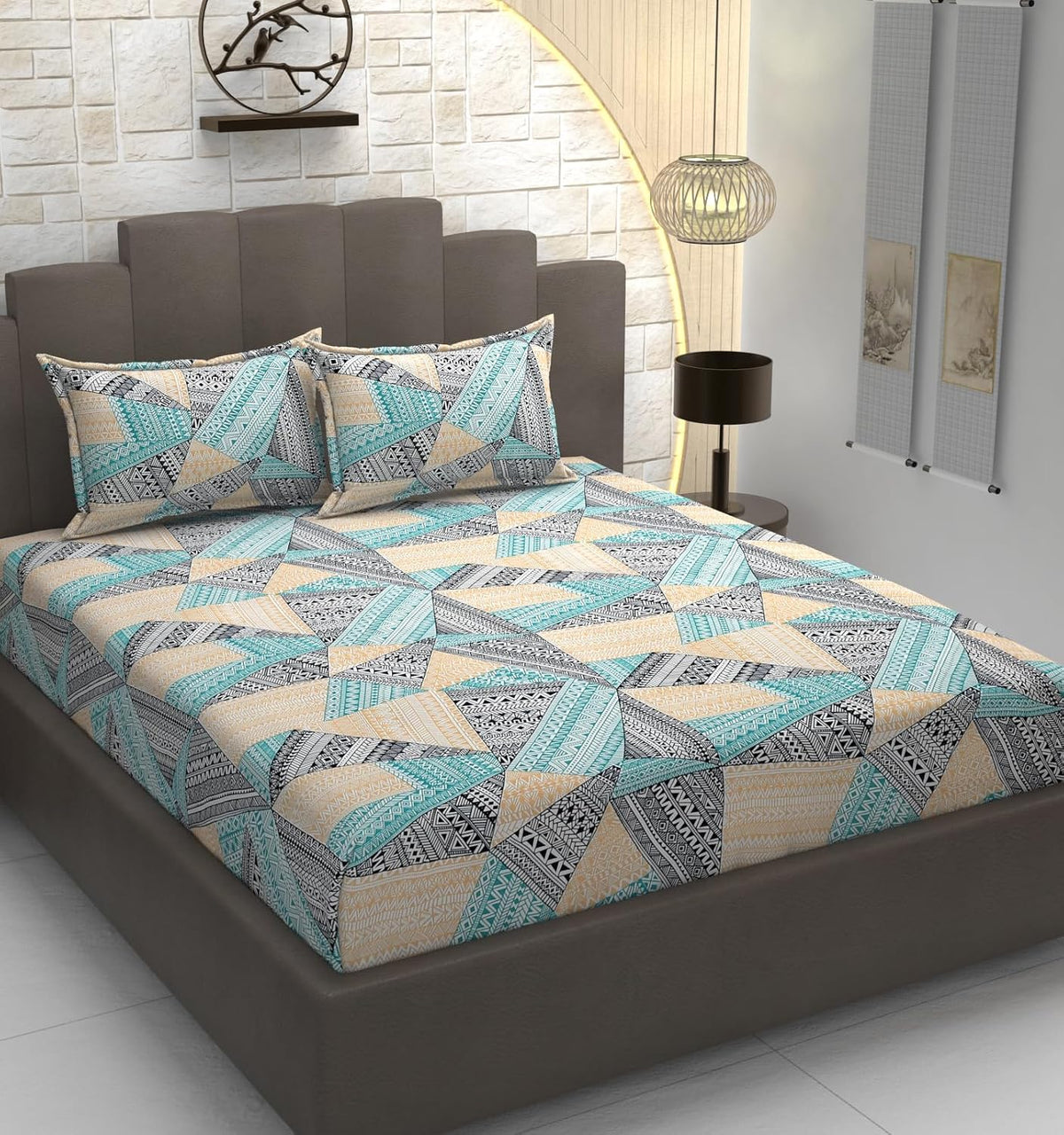 Cotton Premium Bedsheet For Double Bed With 2 Pillow Covers - 90 X 98 Inches, Cream & Green | Traditional Printed - Soft, Breathable & Comfortable