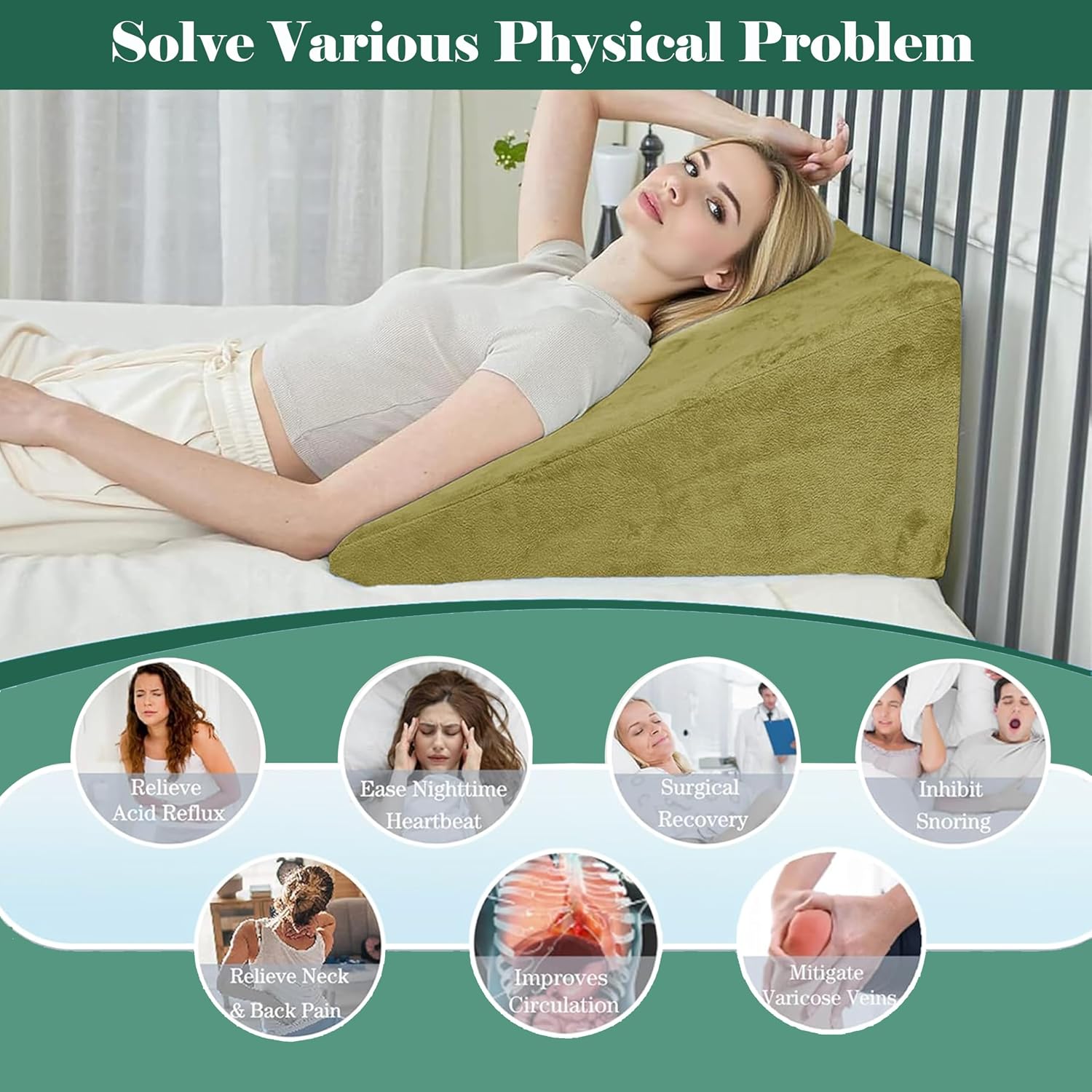 Wedge Pillow, Back Support Pillow For Neck Pain, Medium Firm, Green Color | Pillow For Headaches, Reflux, Shoulders, Back Pain & High Resilience, Velvet Fabric, Adjustable Pillow - Pack Of 1