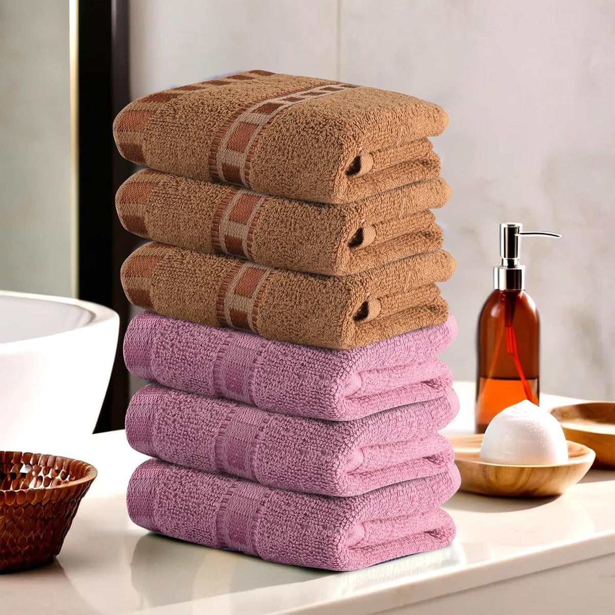 Urbane Home Cotton Hand & Face Towels 200 Gsm | For Men & Women Easily Washable Workout Gym Towel - Pink & Golden (Pack Of 6)