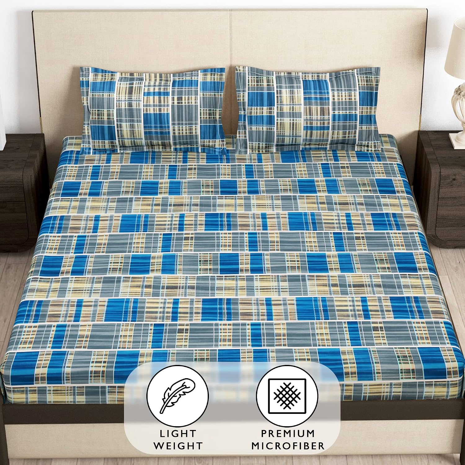 Elastic Fitted Queen Size Bedsheet With 2 King Size Pillow Covers - 60 X 72 Inches, Grey & Blue | Ideal For House, Hotel, Guest Room