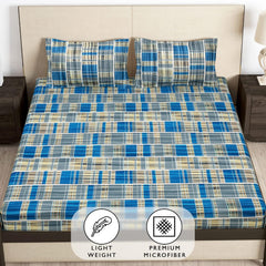 Elastic Fitted Queen Size Bedsheet With 2 King Size Pillow Covers - 60 X 72 Inches, Grey & Blue | Ideal For House, Hotel, Guest Room