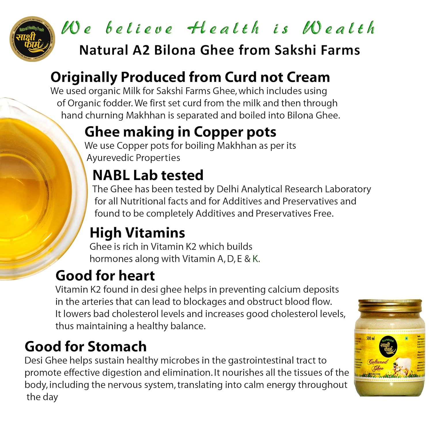 Natural Organic Cultured Desi A2 Ghee By Sakshi Farms | Rich In Vitamin A, D & K Healthy Vedic Bilona Method Pure Desi Ghee For Glowing Skin | 1 Litre (500ml * 2) 33.8 Ounce | Jar Pack